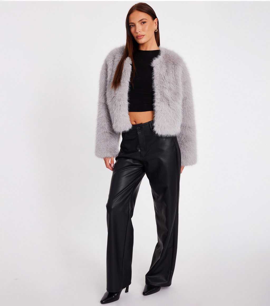 Stylish Grey Faux Fur Cropped Jacket for women