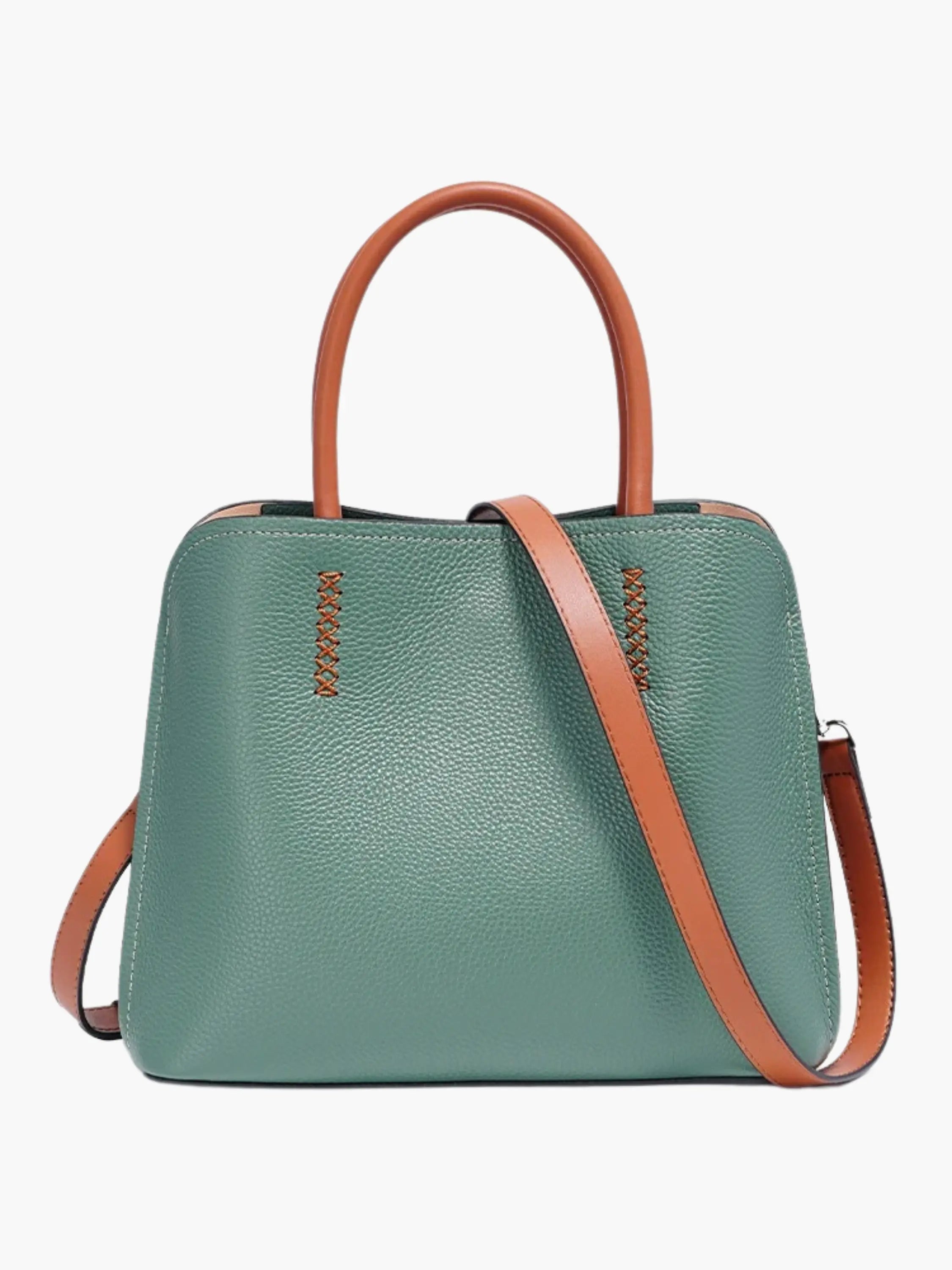 Green Handbag with Tan Handles and Shoulder Strap