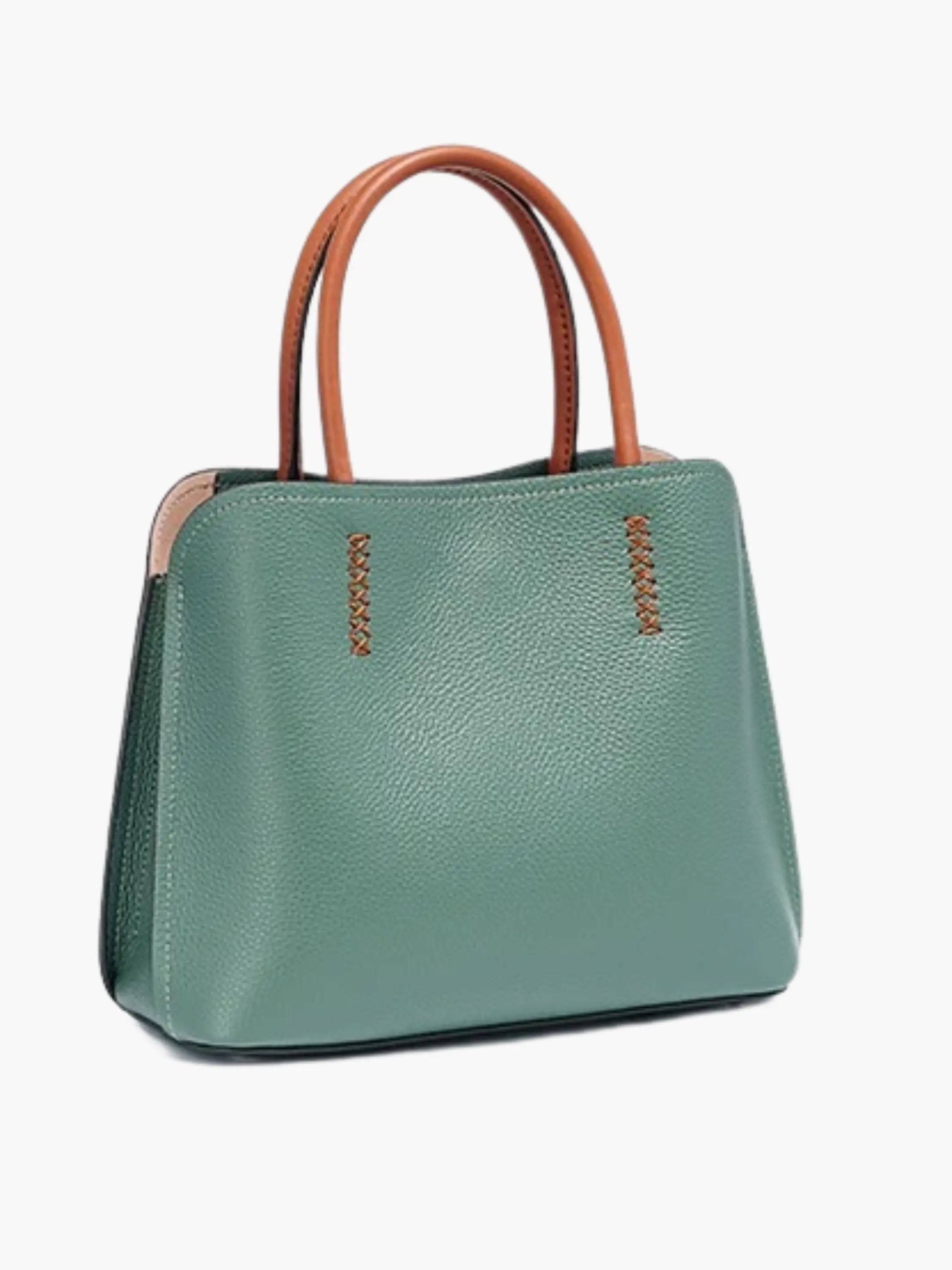 Green Handbag with Tan Handles and Shoulder Strap