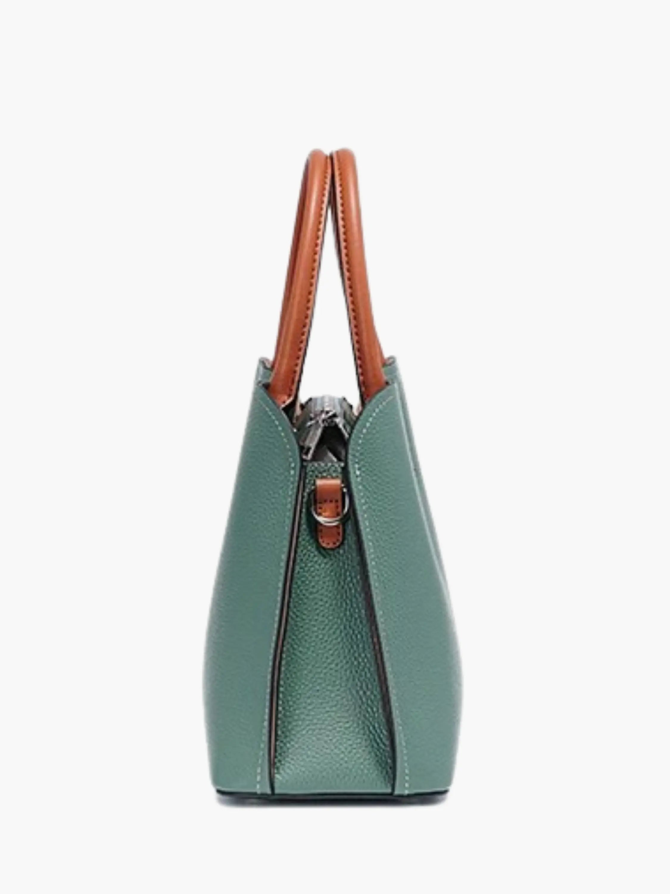 Green Handbag with Tan Handles and Shoulder Strap