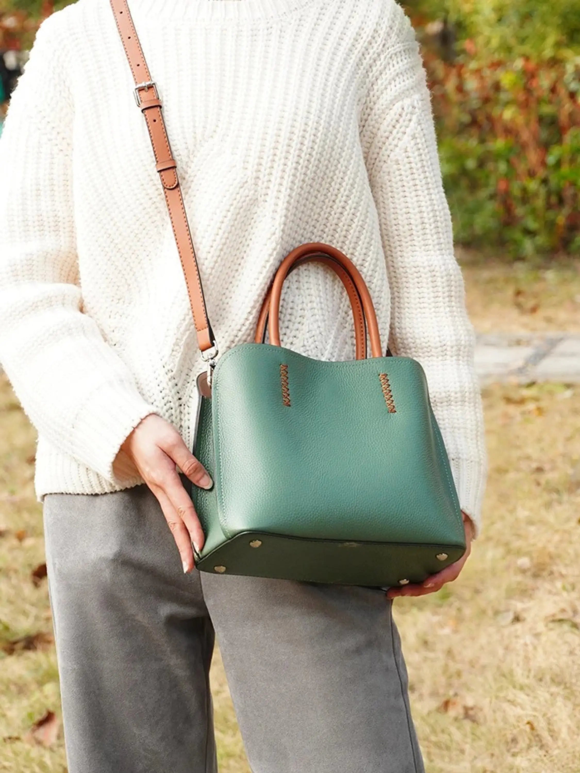 Green Handbag with Tan Handles and Shoulder Strap