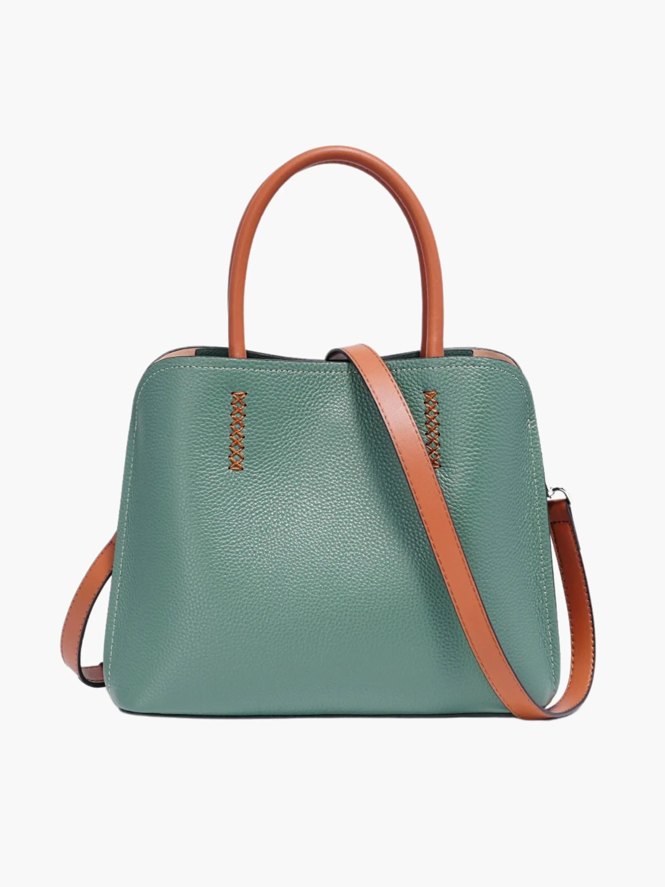 Green Handbag with Tan Handles and Shoulder Strap