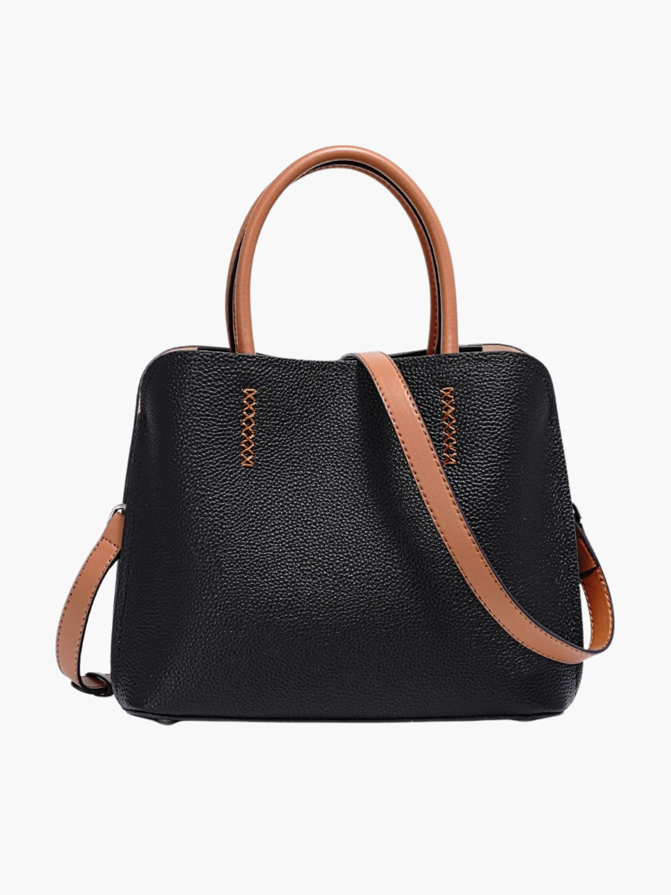 Green Handbag with Tan Handles and Shoulder Strap