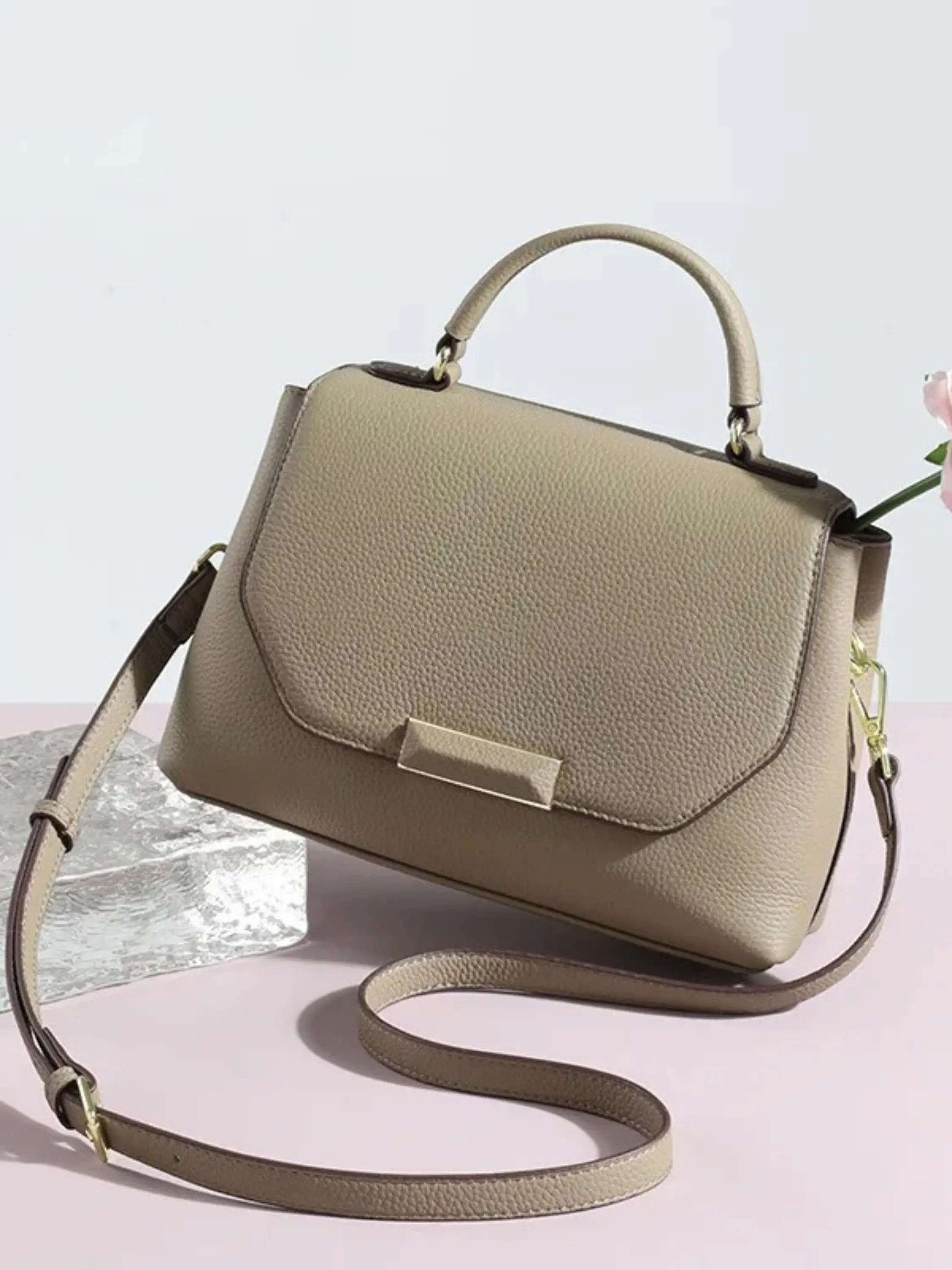 Taupe Structured Handbag with Geometric Detail