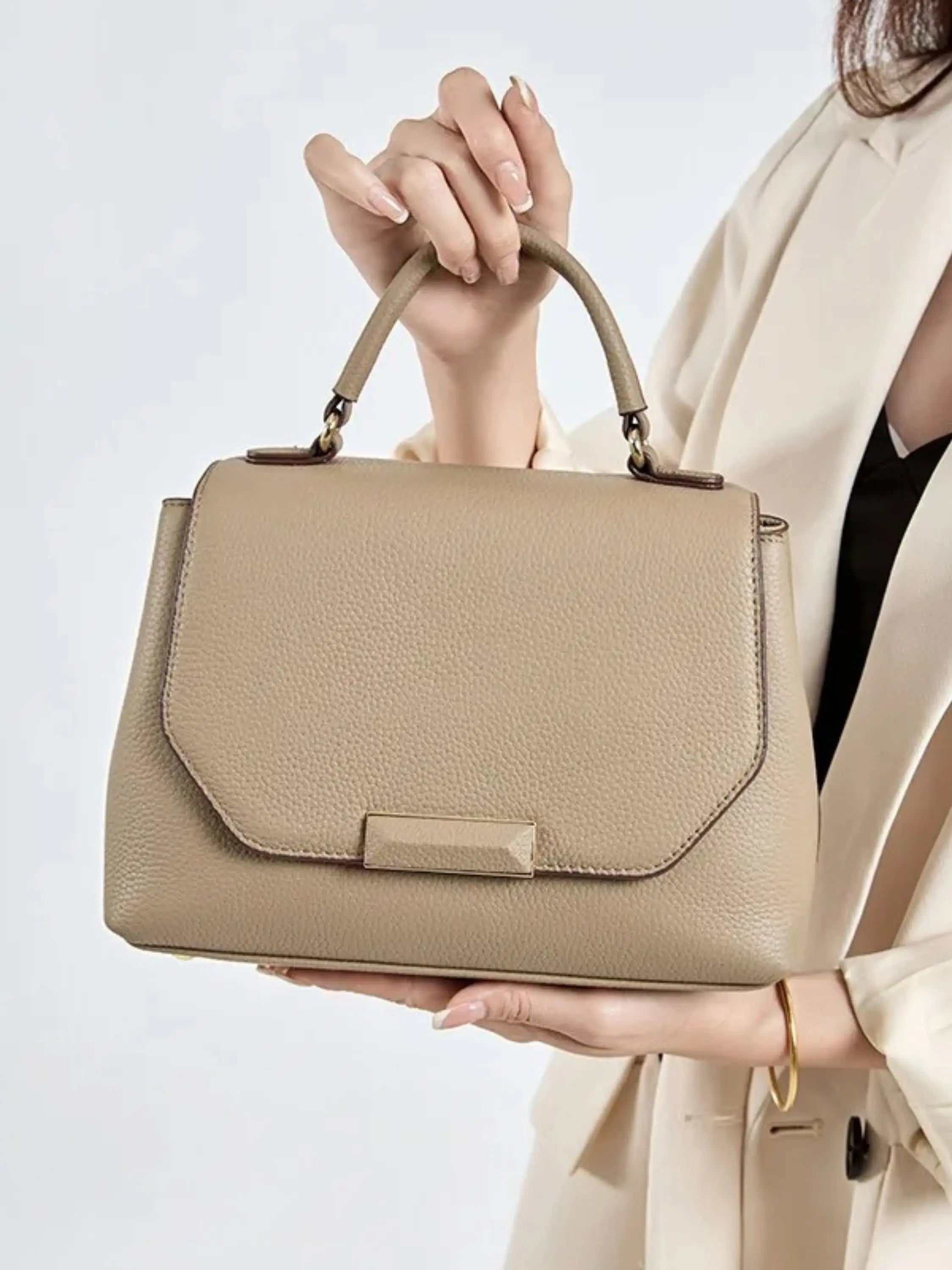 Taupe Structured Handbag with Geometric Detail