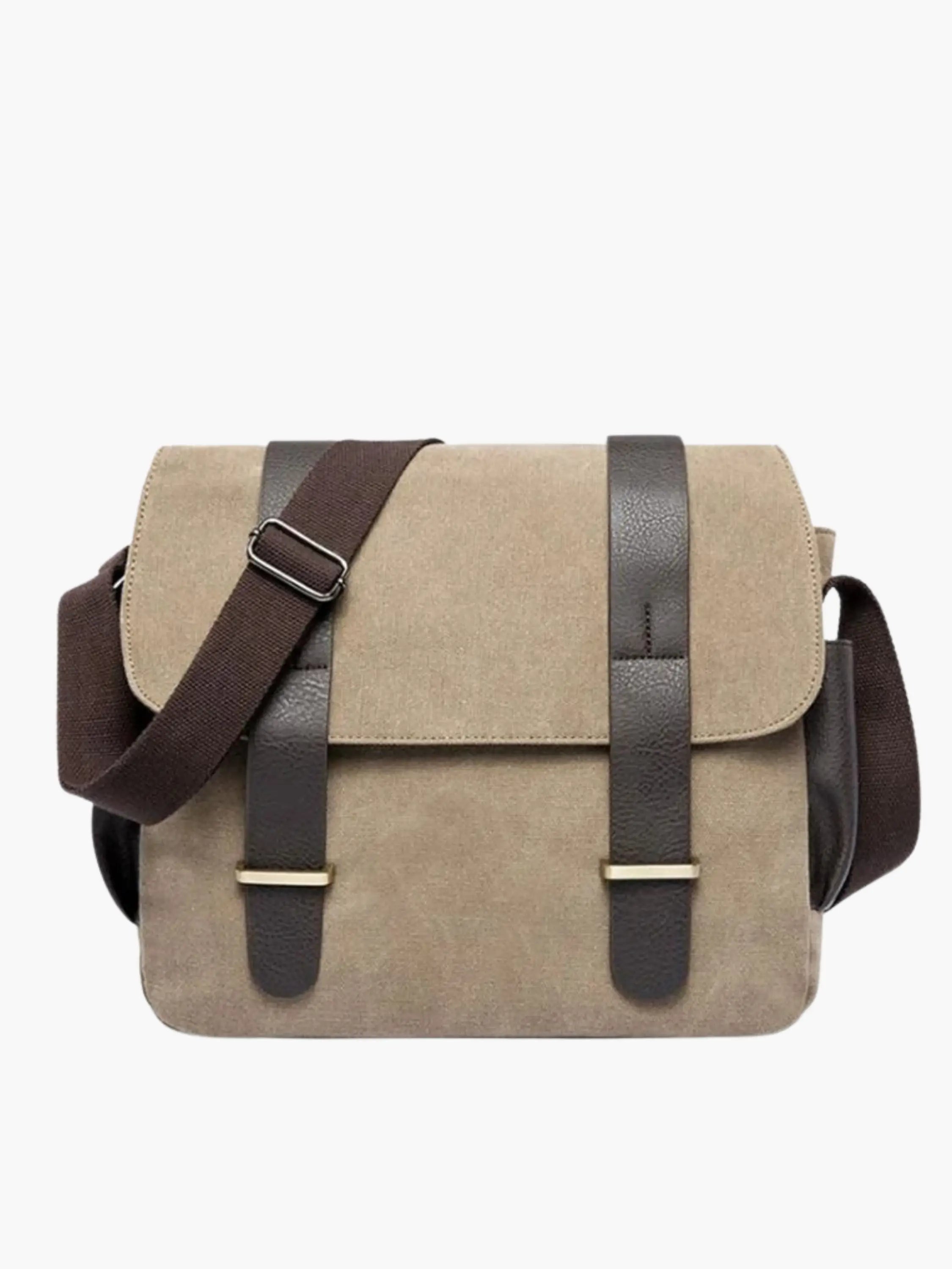 Beige Canvas Messenger Bag with Faux Leather Straps
