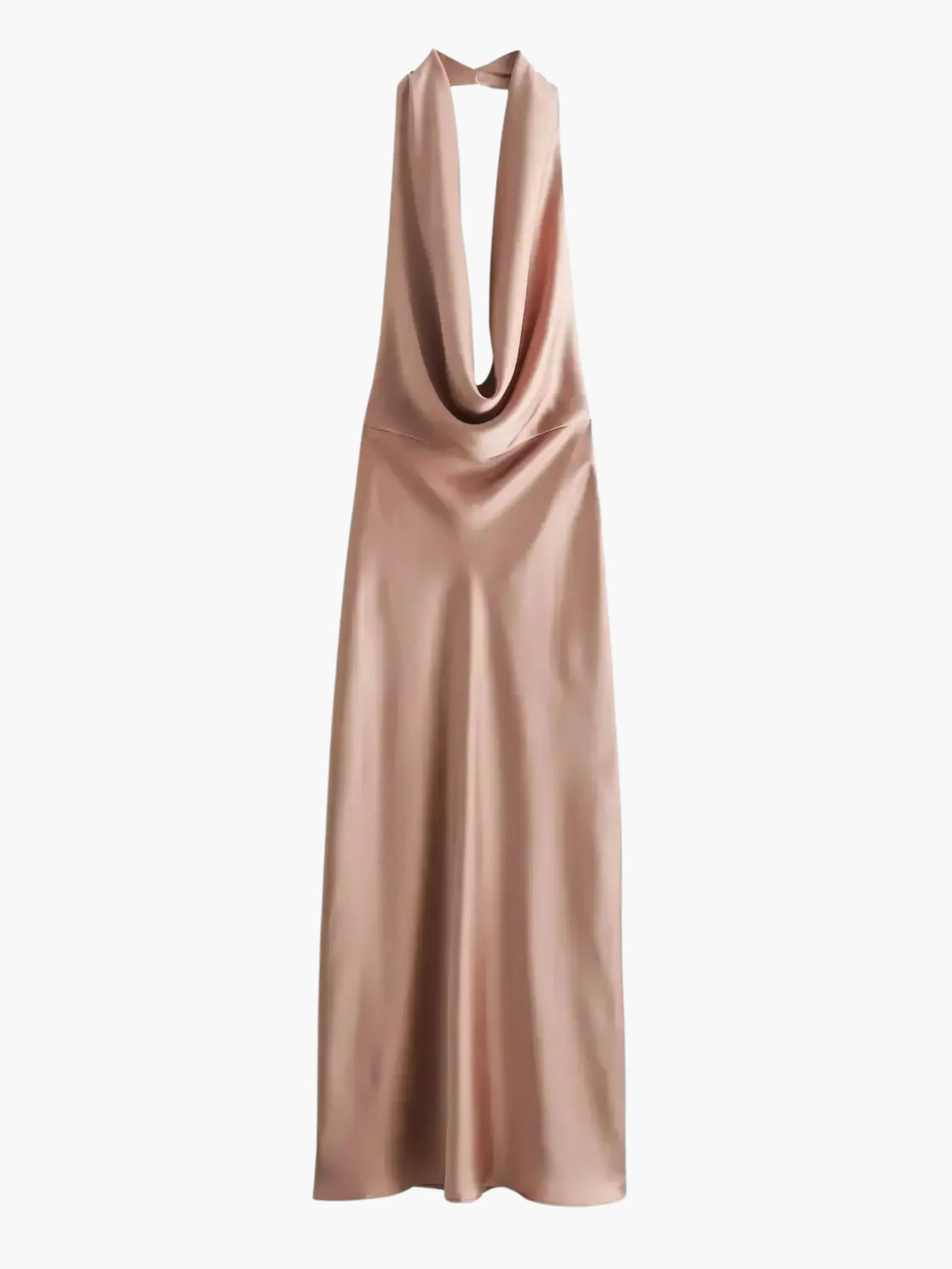 Nude Pink Satin Halter Maxi Dress with Draped Neckline