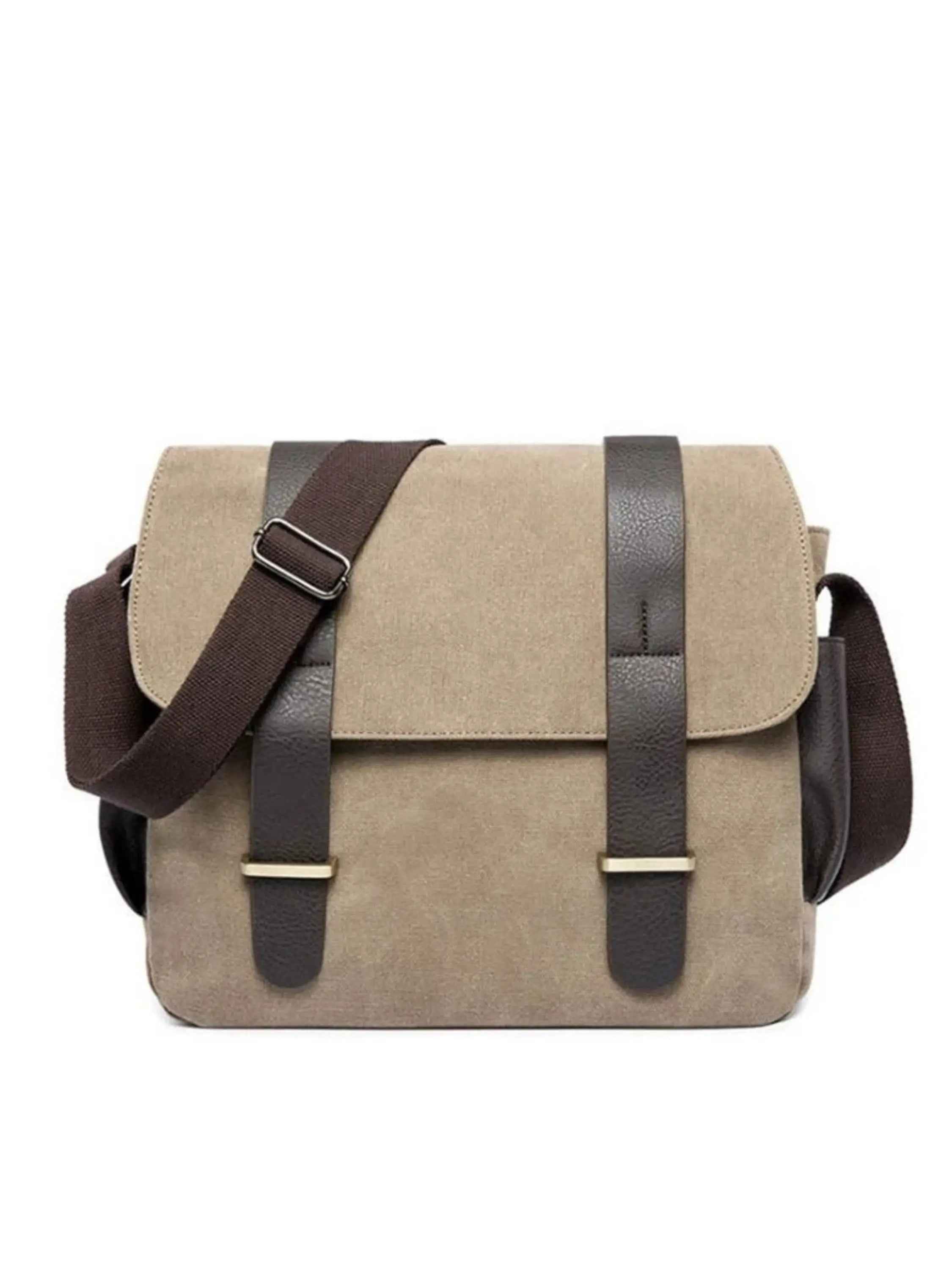 Beige Canvas Messenger Bag with Faux Leather Straps