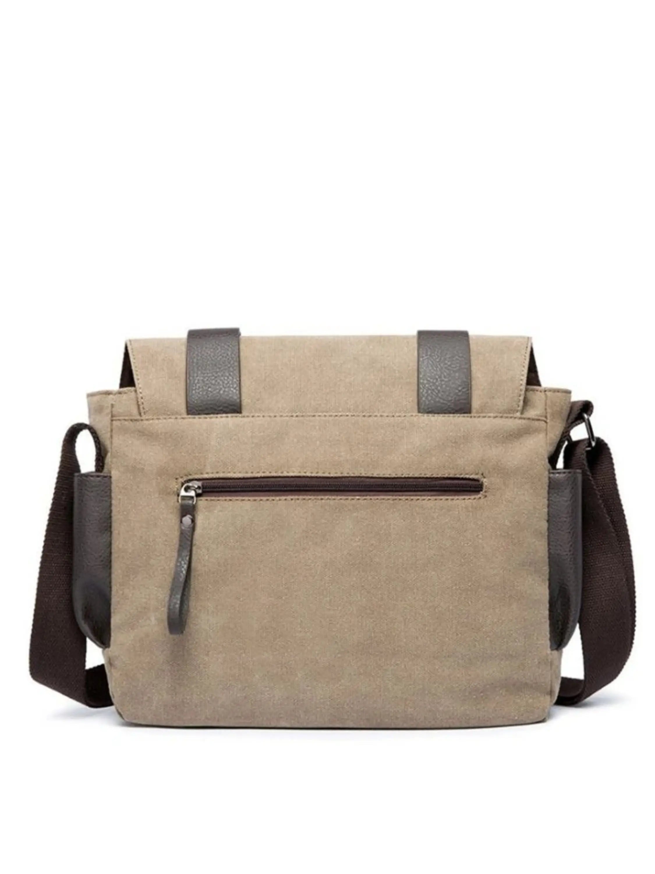 Beige Canvas Messenger Bag with Faux Leather Straps