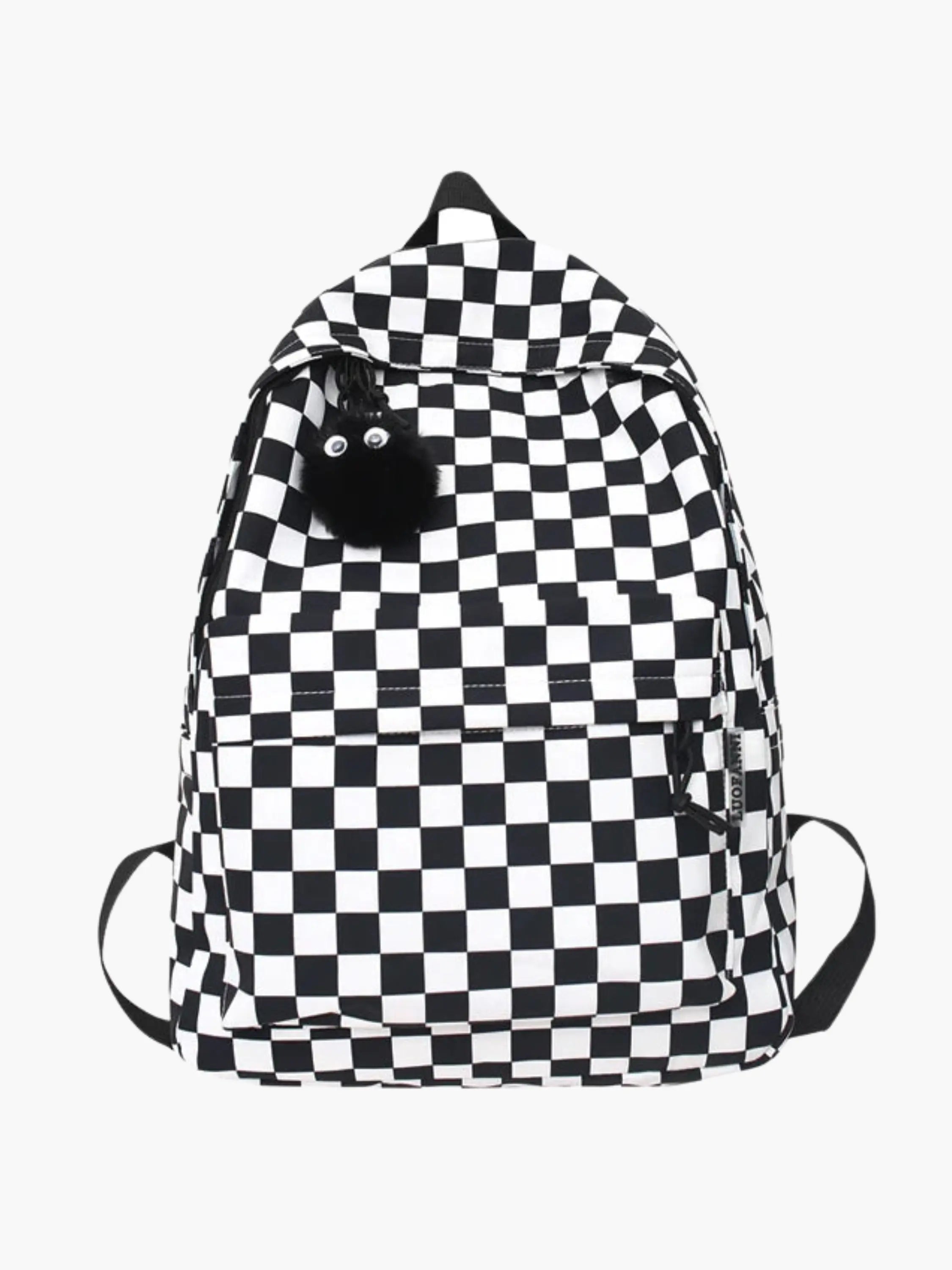 Checkered Backpack with Fun Pom-Pom Charm