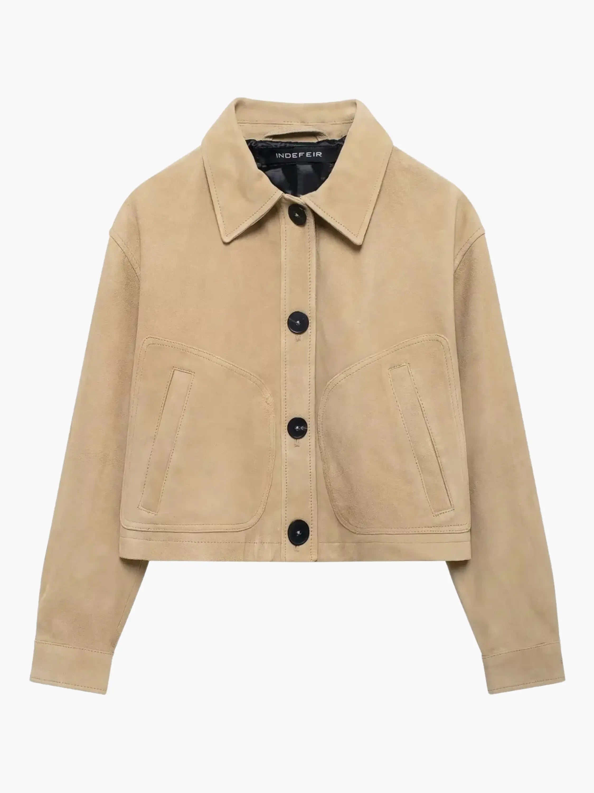 Classic Beige Suede Cropped Jacket with Button-Up Design