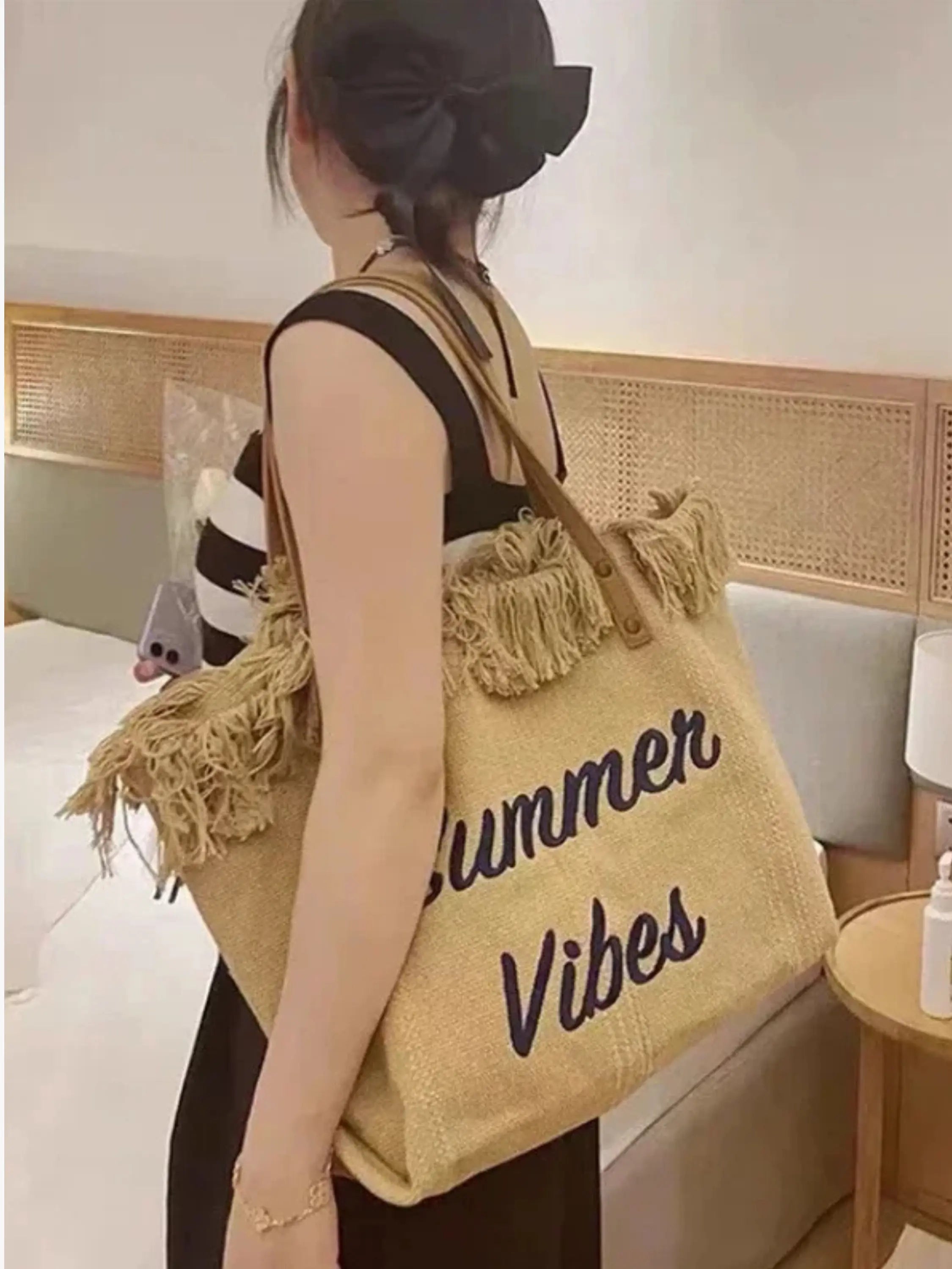"Summer Vibes" Fringe Tote Bag