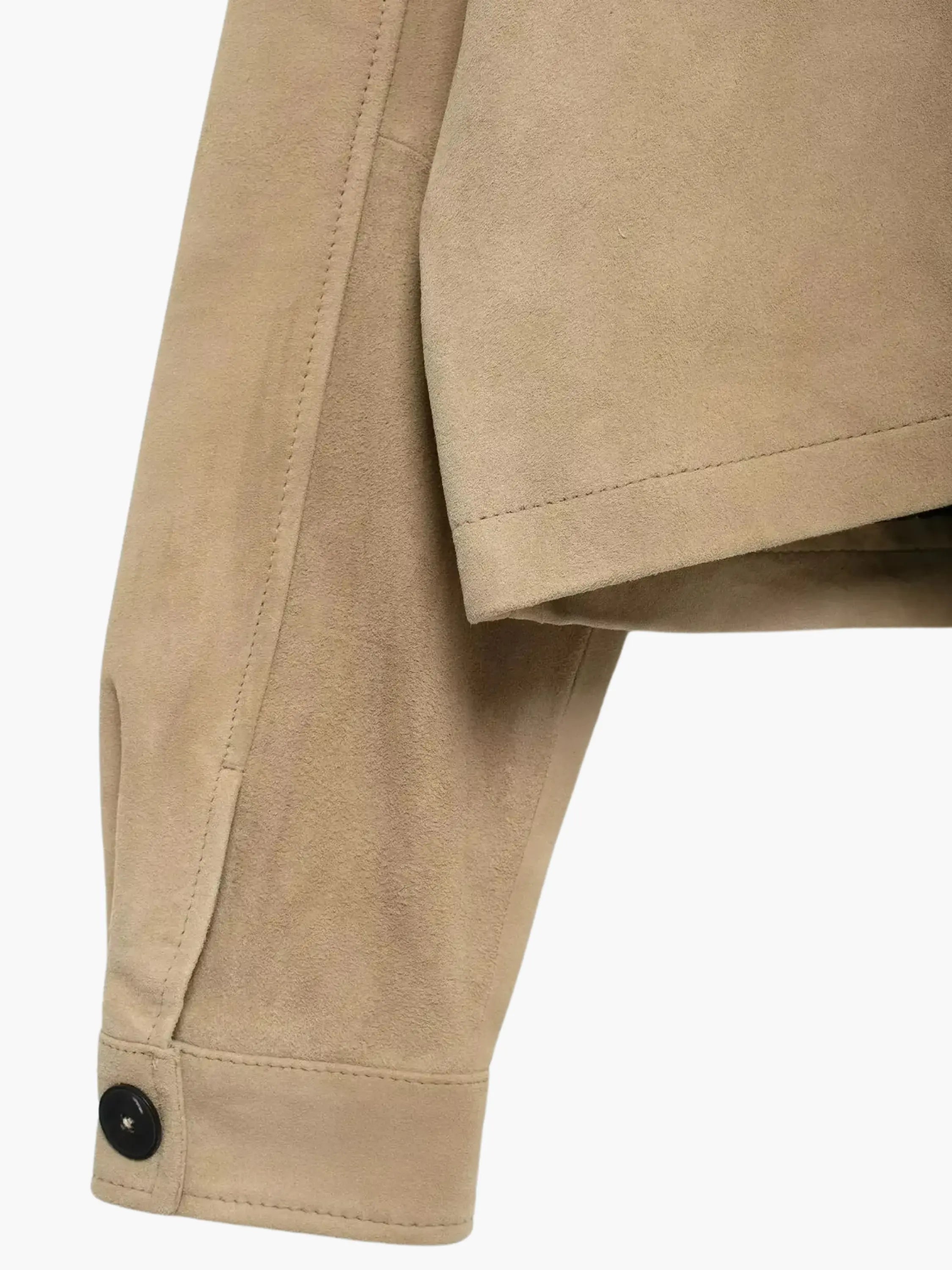 Classic Beige Suede Cropped Jacket with Button-Up Design