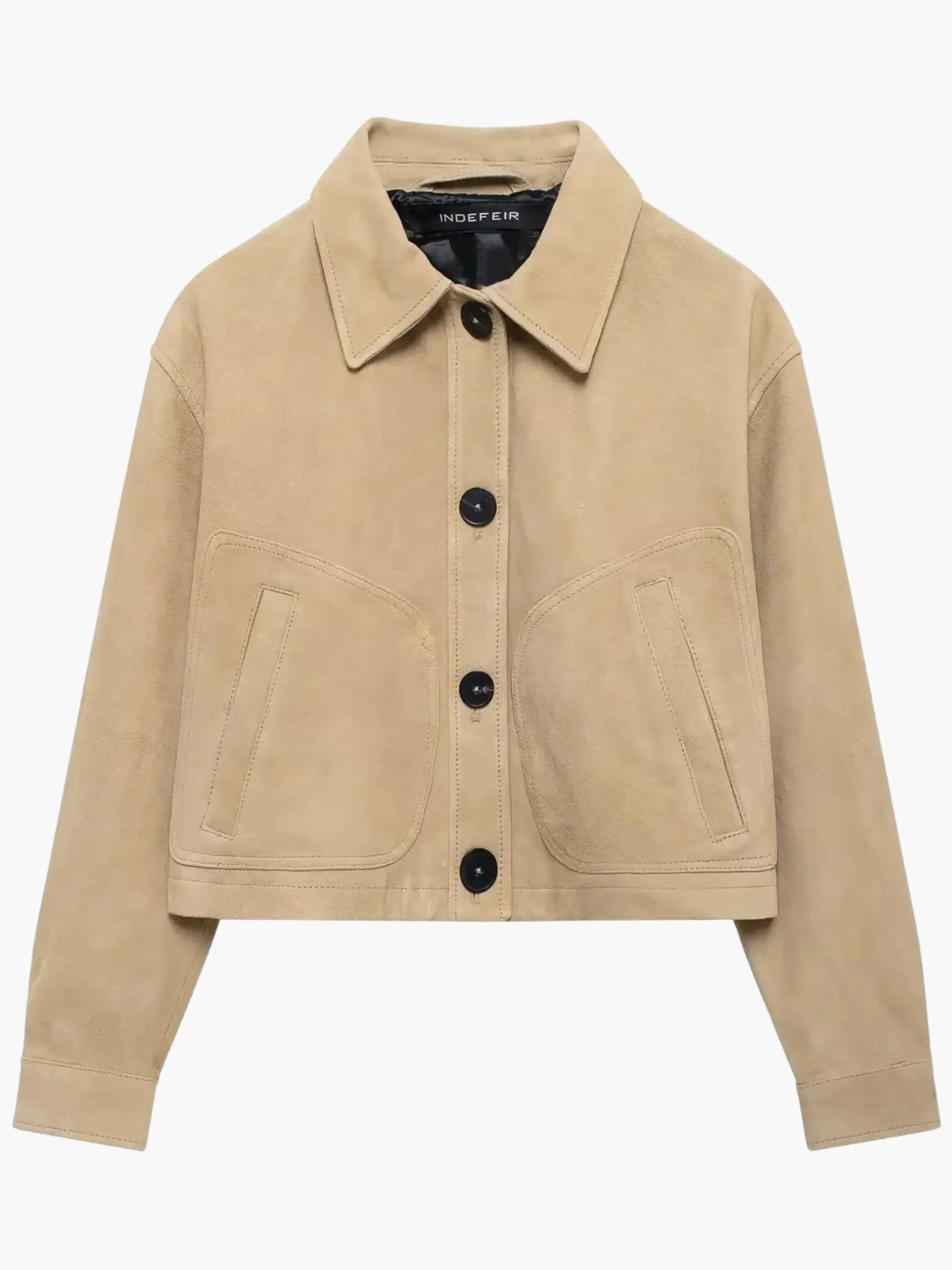 Classic Beige Suede Cropped Jacket with Button-Up Design
