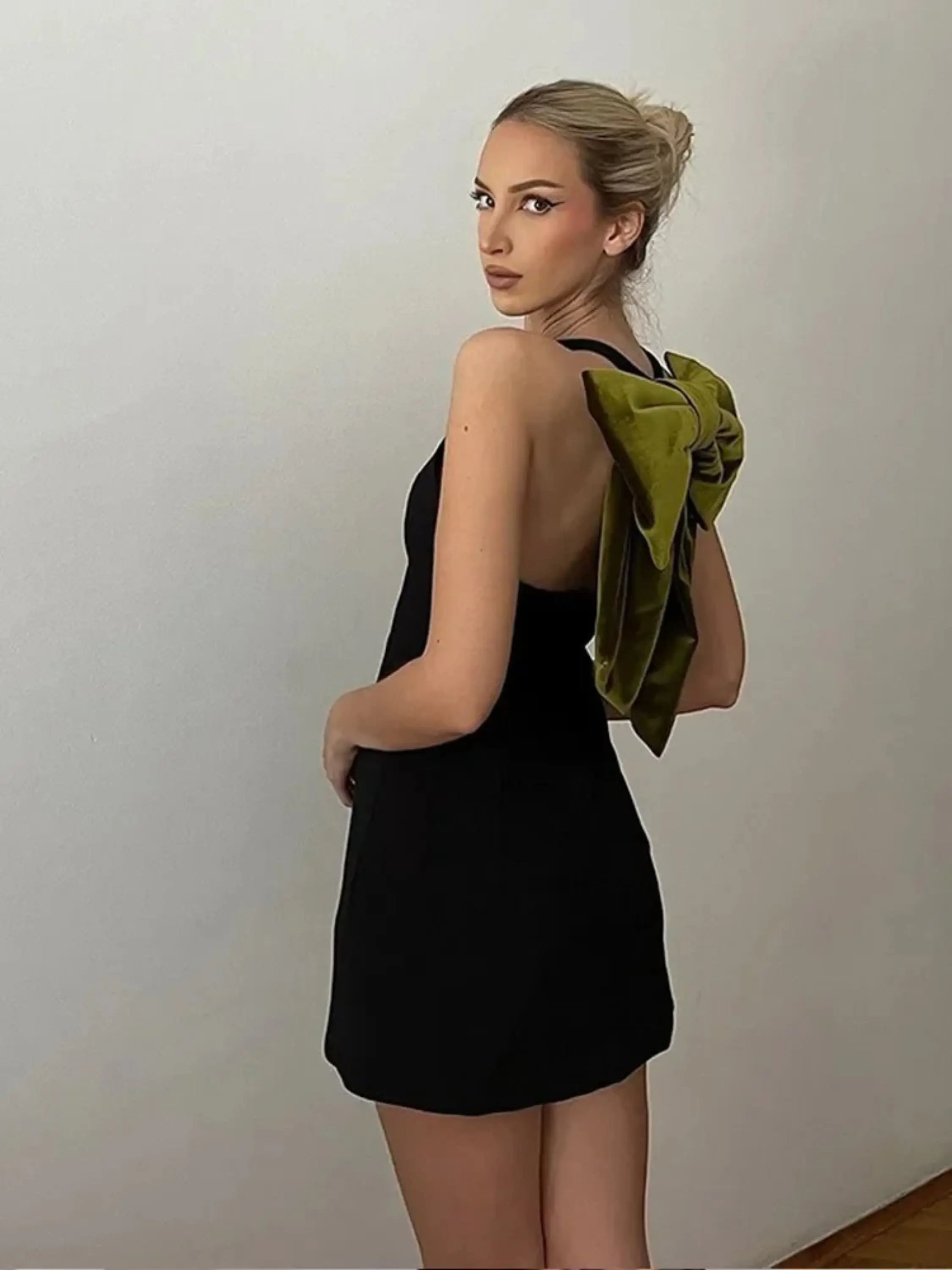 Black Halter Mini Dress with Olive Velvet Bow