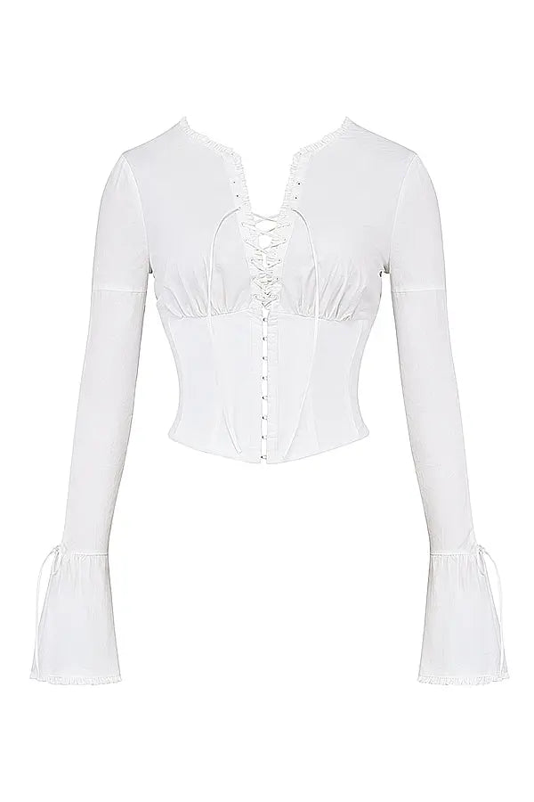 Romantic Lace-Up Long-Sleeve Top