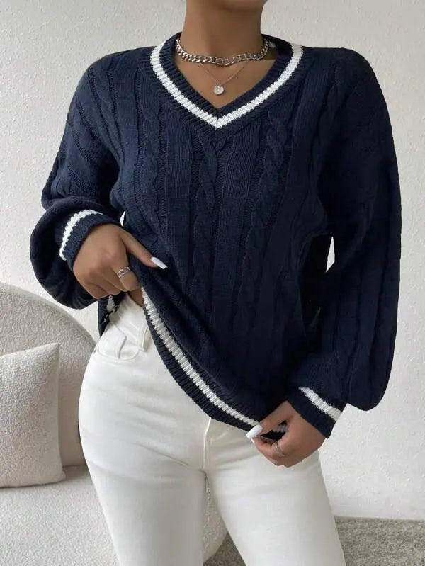 Freja | Striped Cable Knit Sweater with V Neck