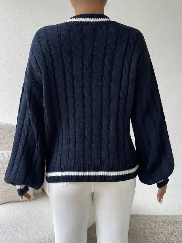 Freja | Striped Cable Knit Sweater with V Neck
