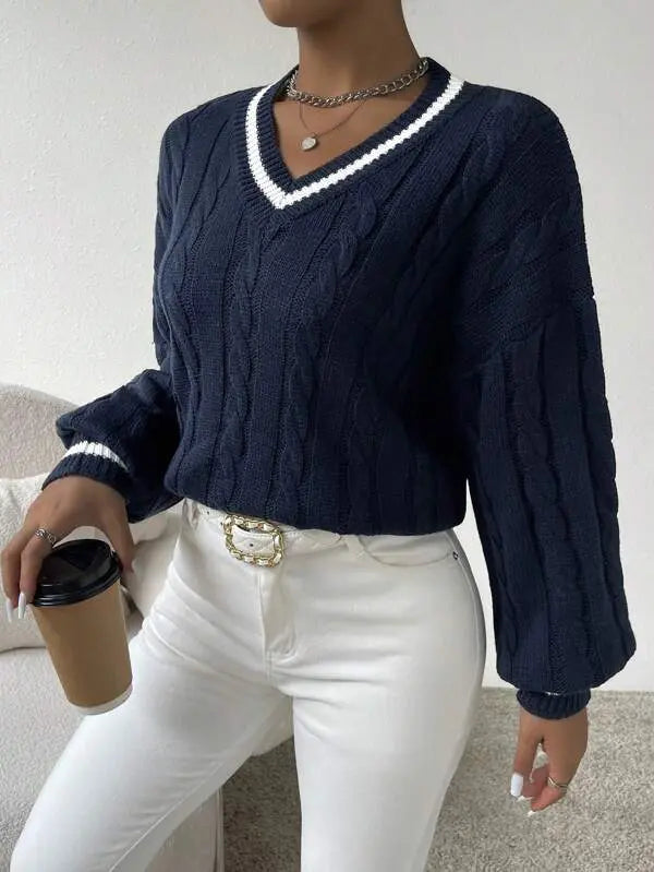 Freja | Striped Cable Knit Sweater with V Neck