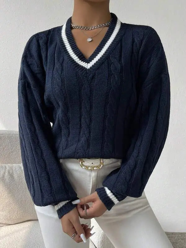 Freja | Striped Cable Knit Sweater with V Neck