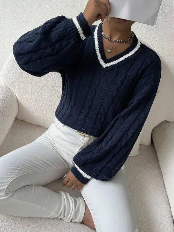 Freja | Striped Cable Knit Sweater with V Neck