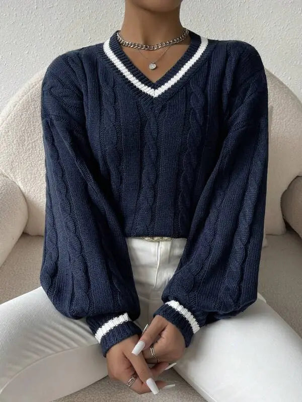 Freja | Striped Cable Knit Sweater with V Neck