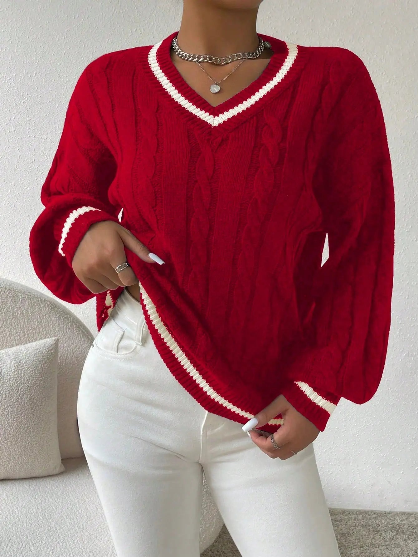 Freja | Striped Cable Knit Sweater with V Neck