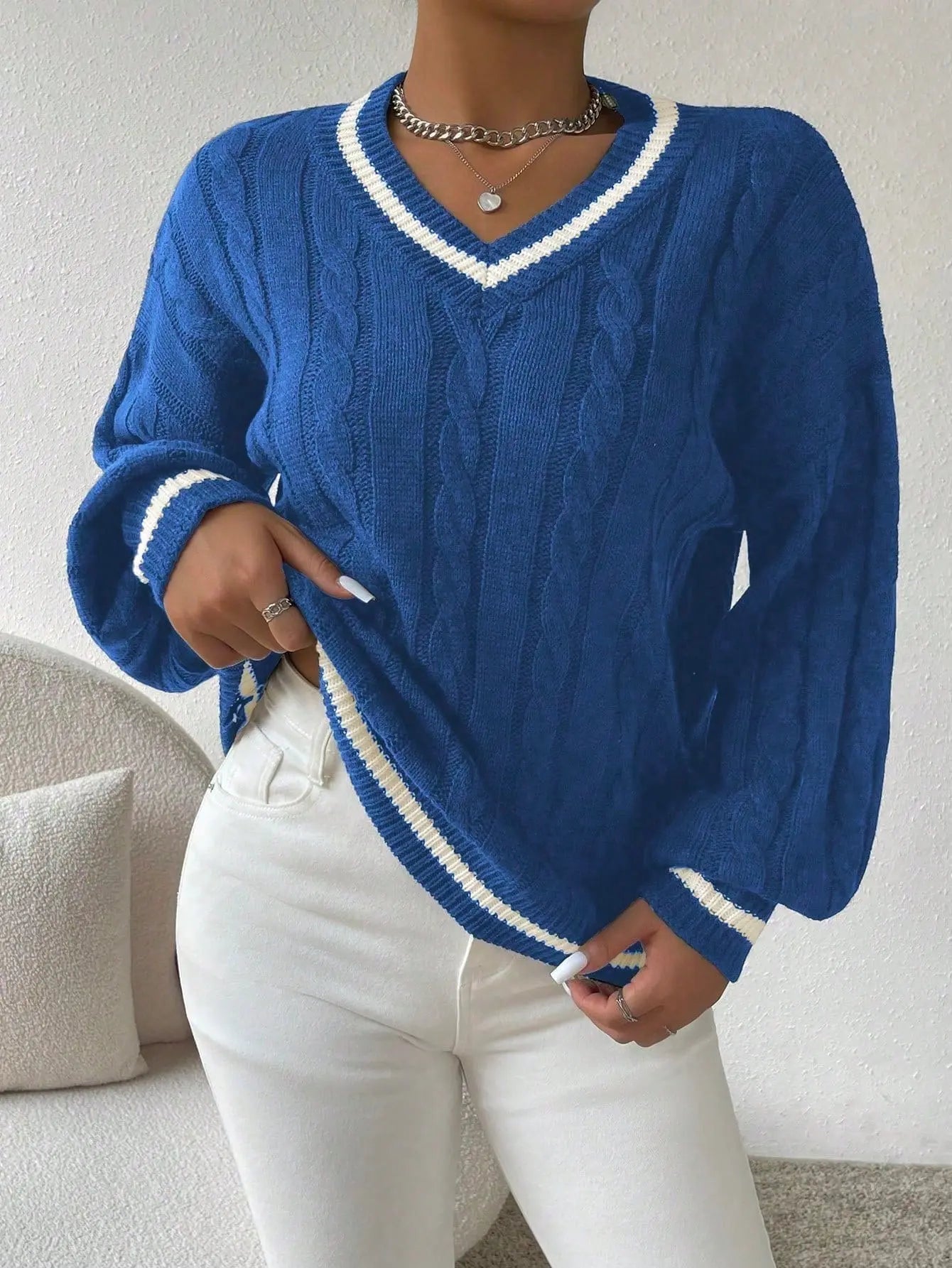 Freja | Striped Cable Knit Sweater with V Neck