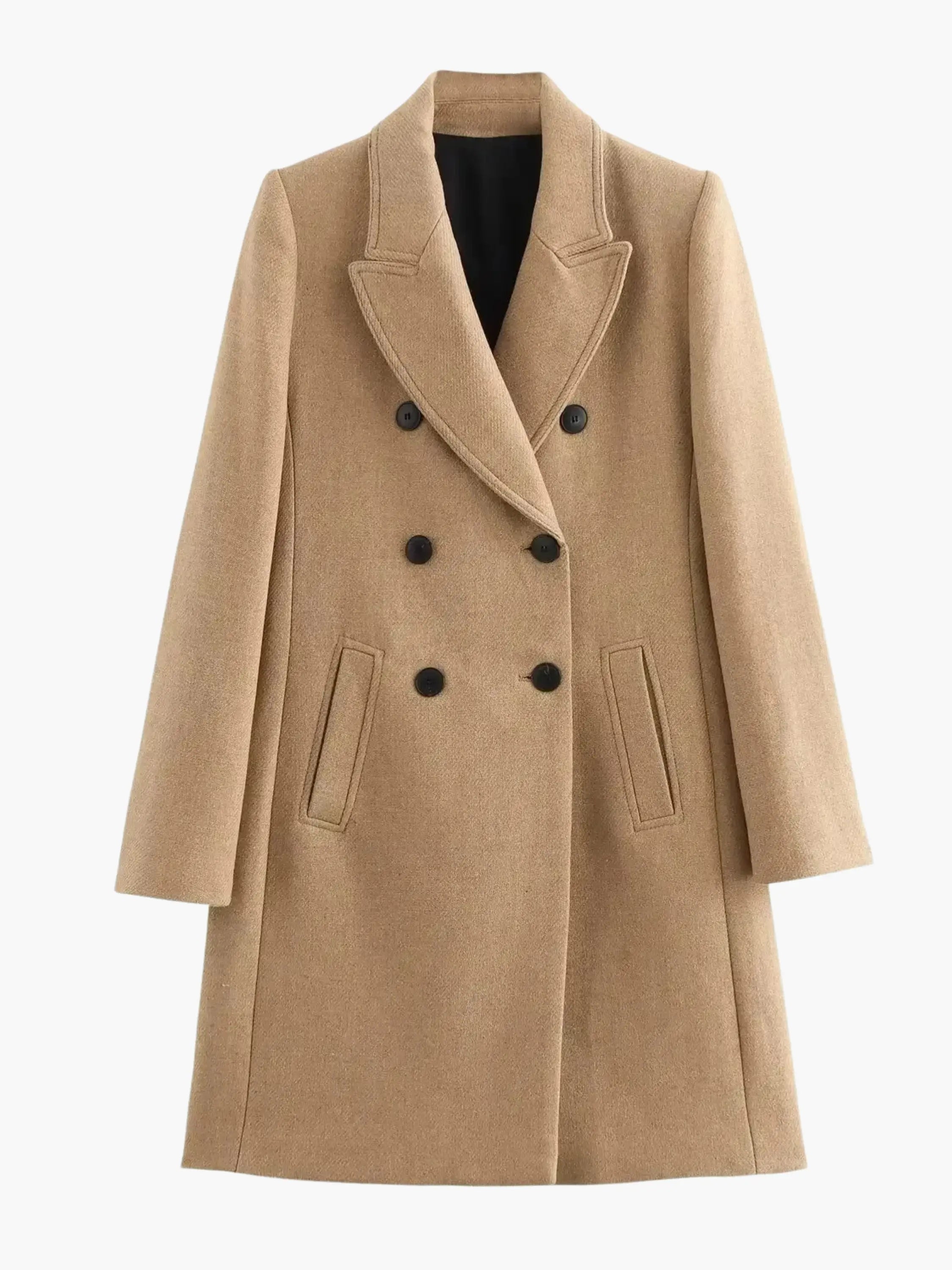 Camel Double-Breasted Wool Coat - Timeless Sophistication