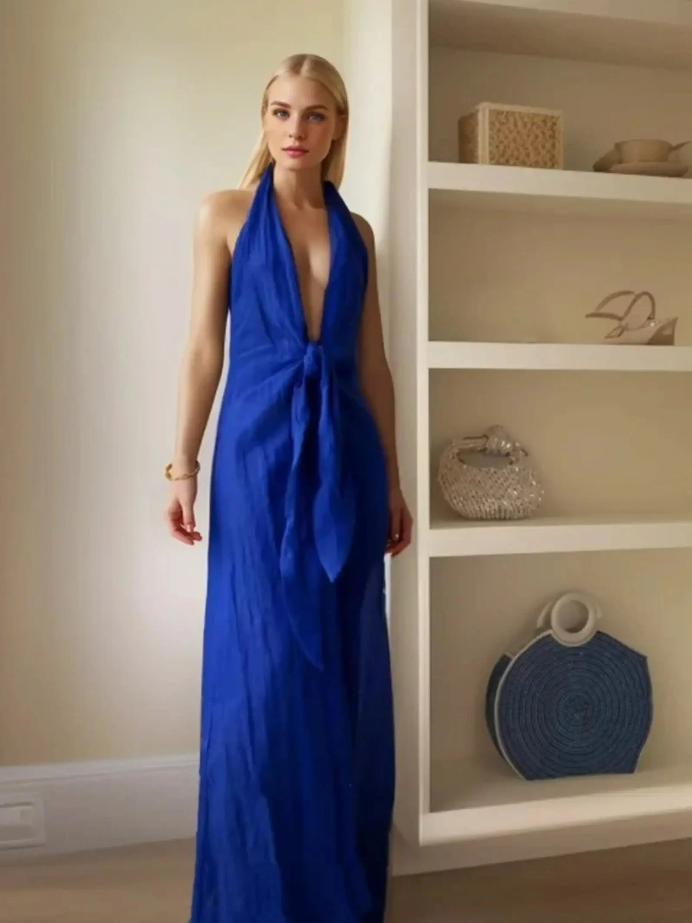 Vibrant Blue Halter Maxi Dress with Adjustable Tie Waist