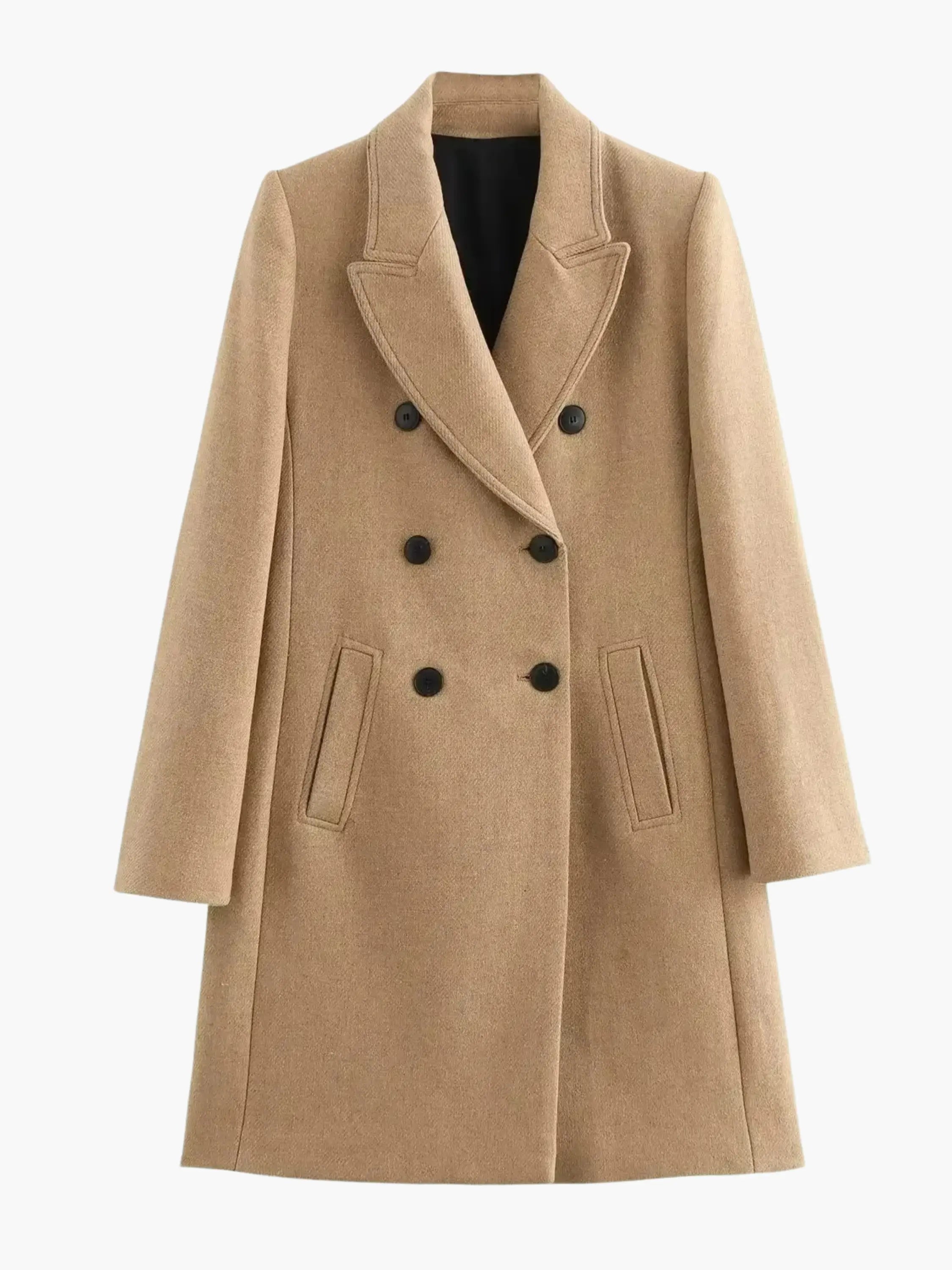 Camel Double-Breasted Wool Coat - Timeless Sophistication