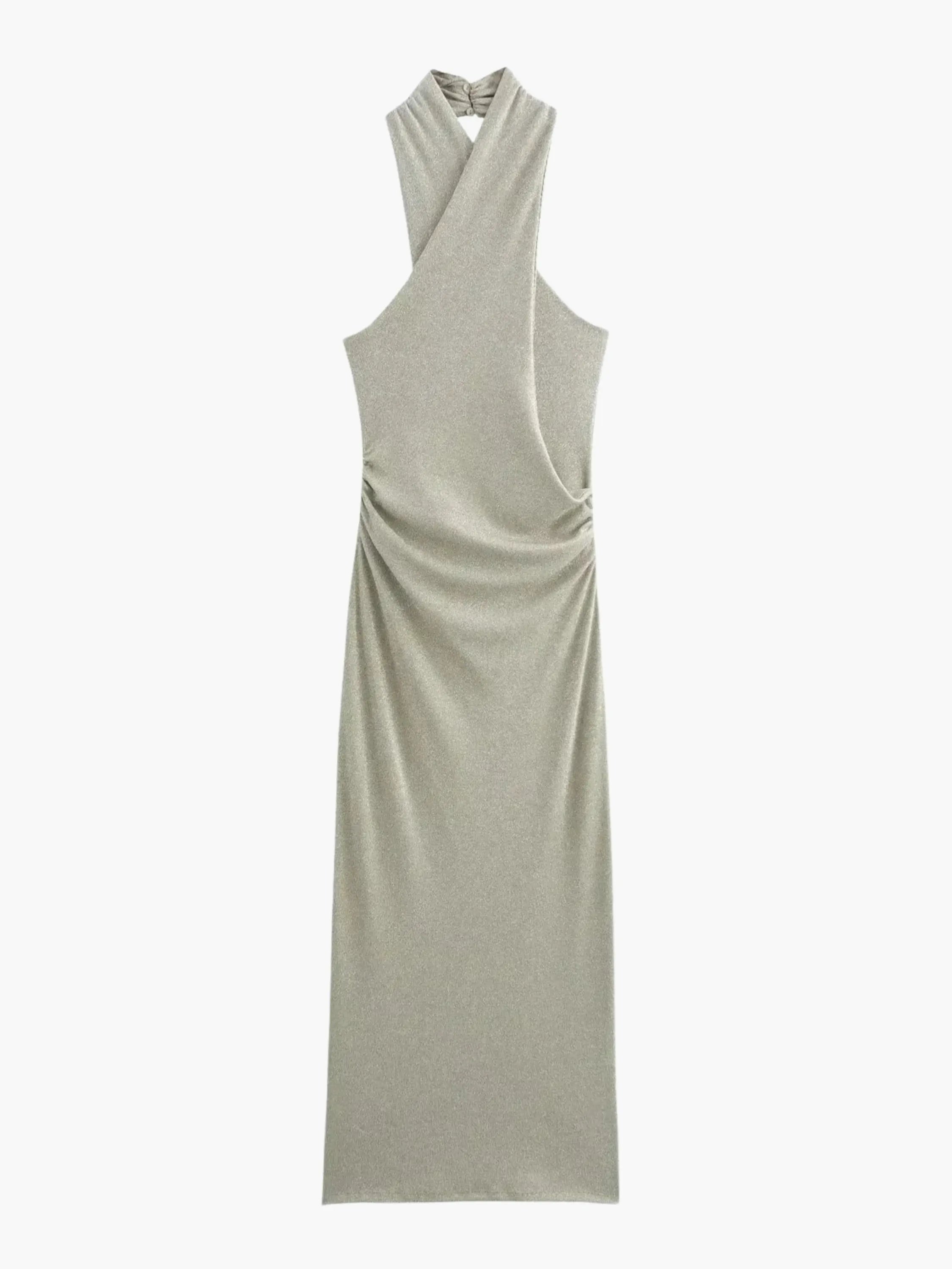 Elegant Halter Neck Maxi Dress with Asymmetrical Draping