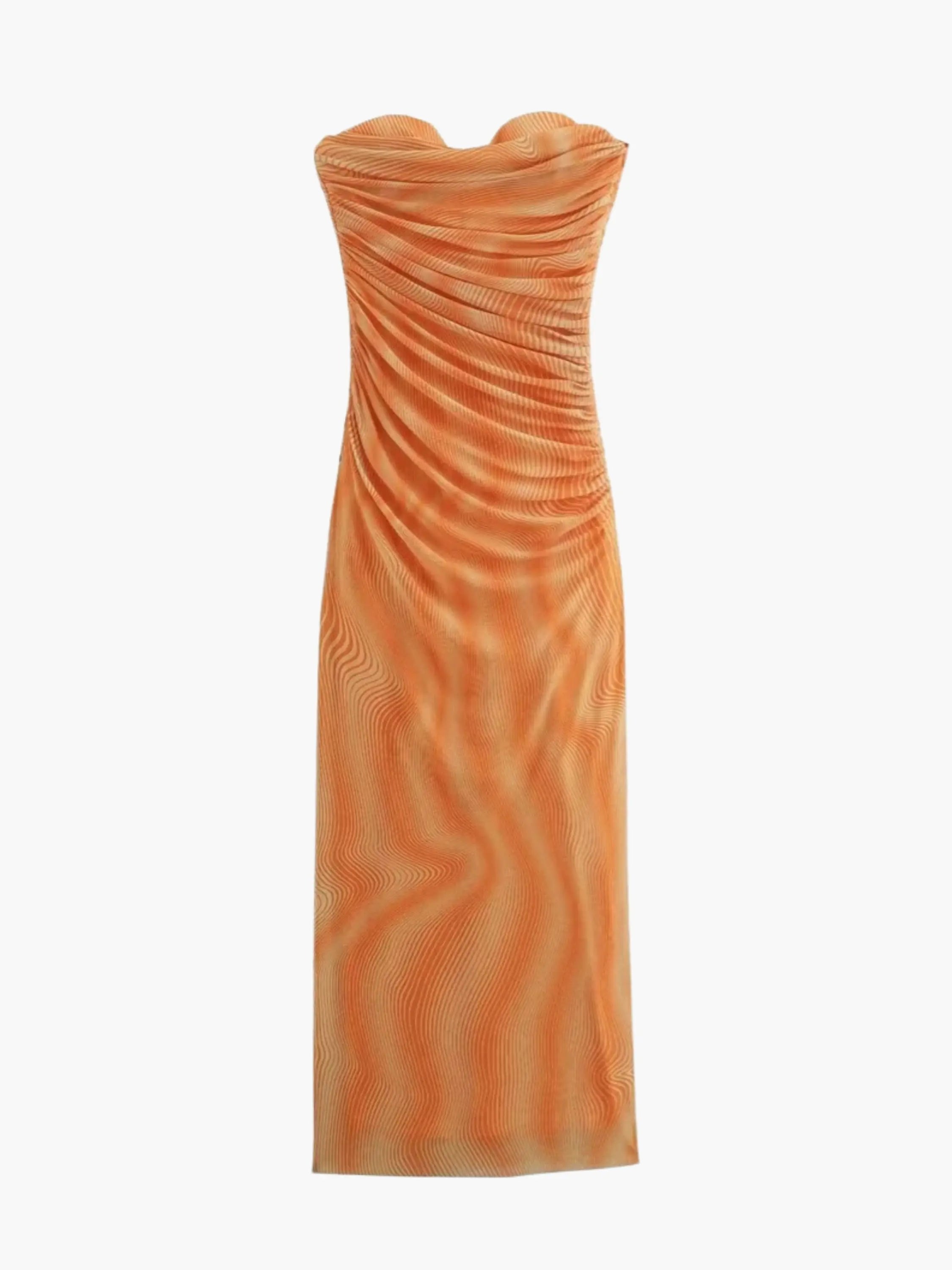 Strapless Orange Ruched Maxi Dress