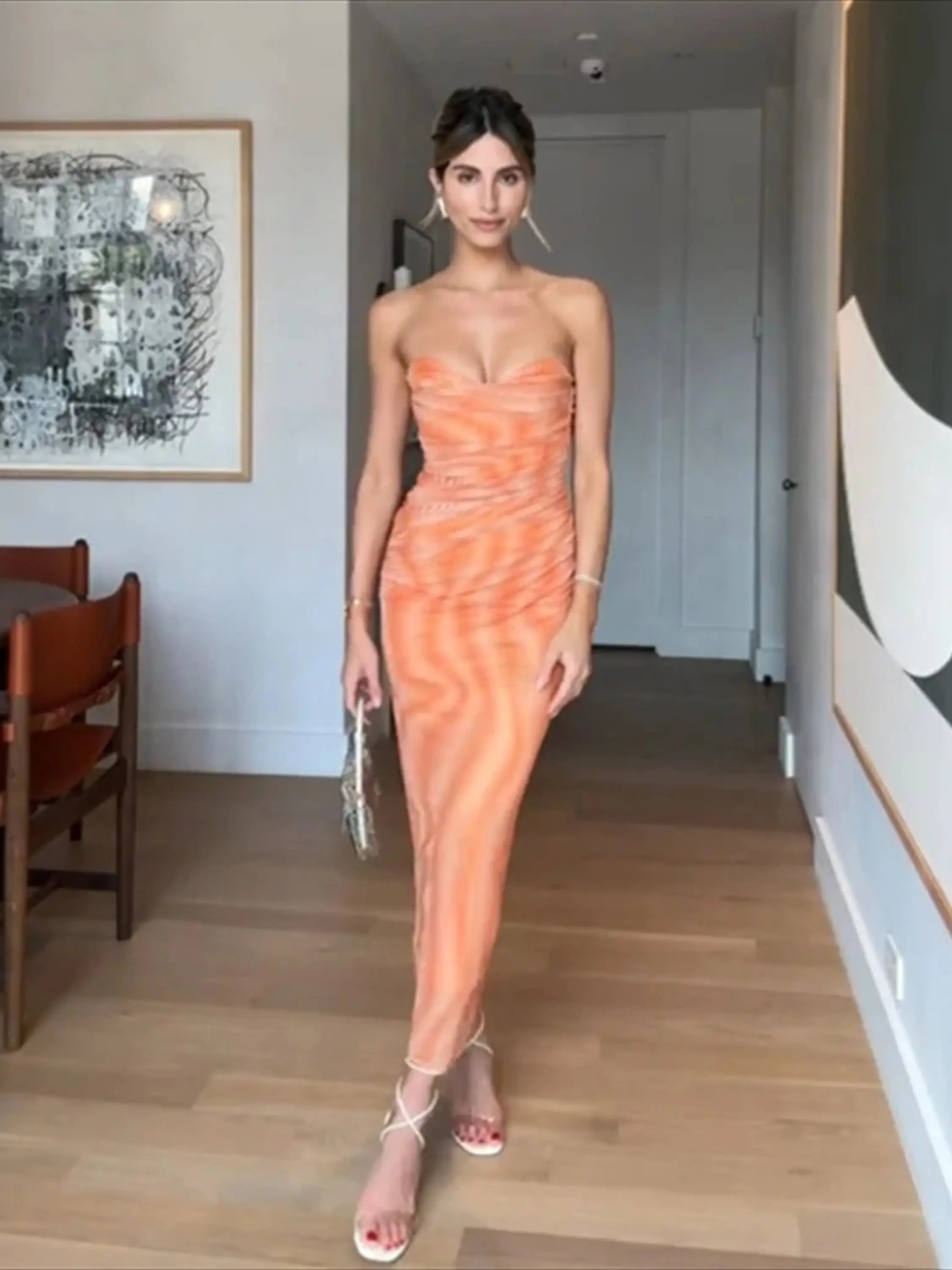 Strapless Orange Ruched Maxi Dress