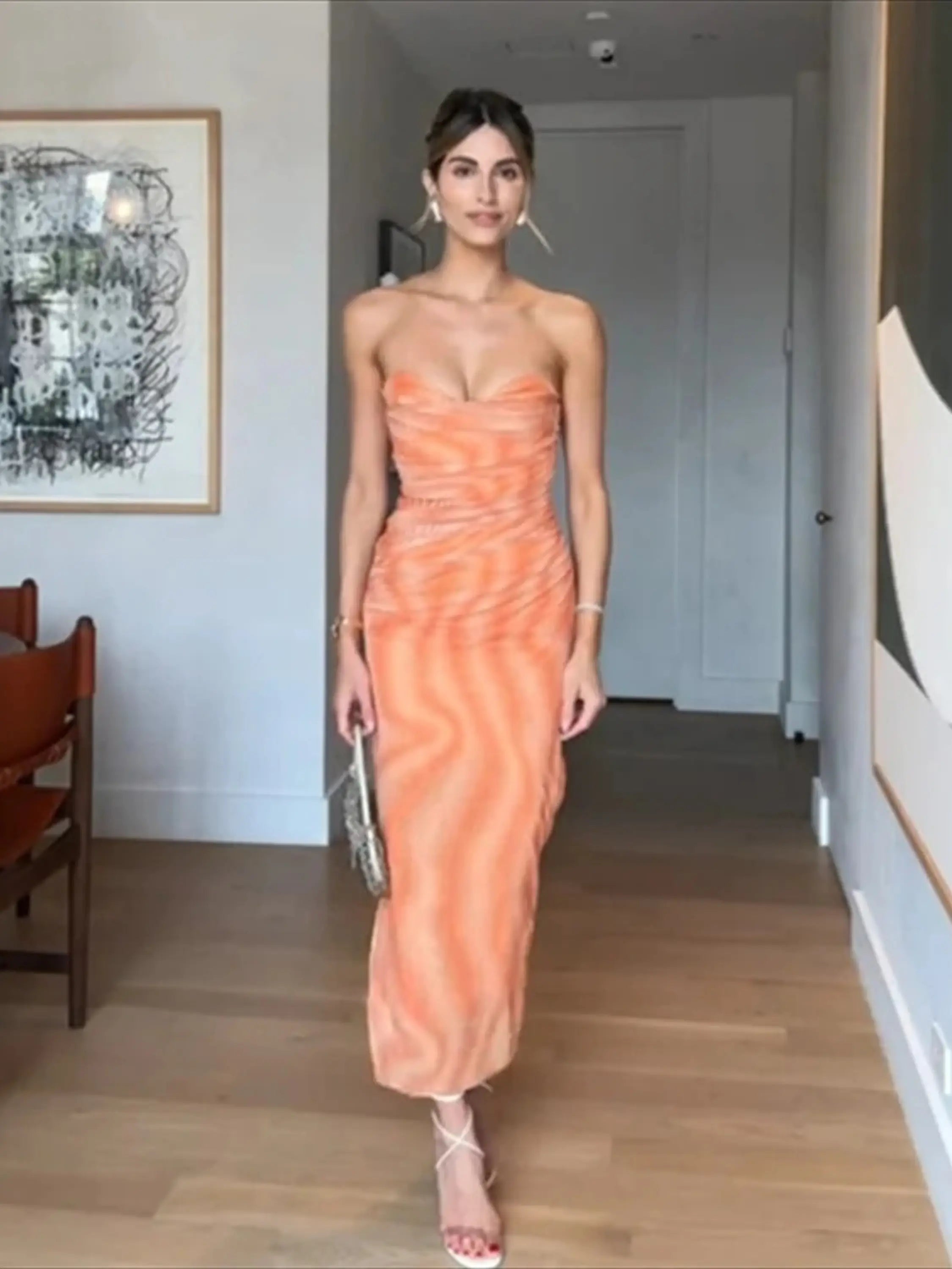 Strapless Orange Ruched Maxi Dress