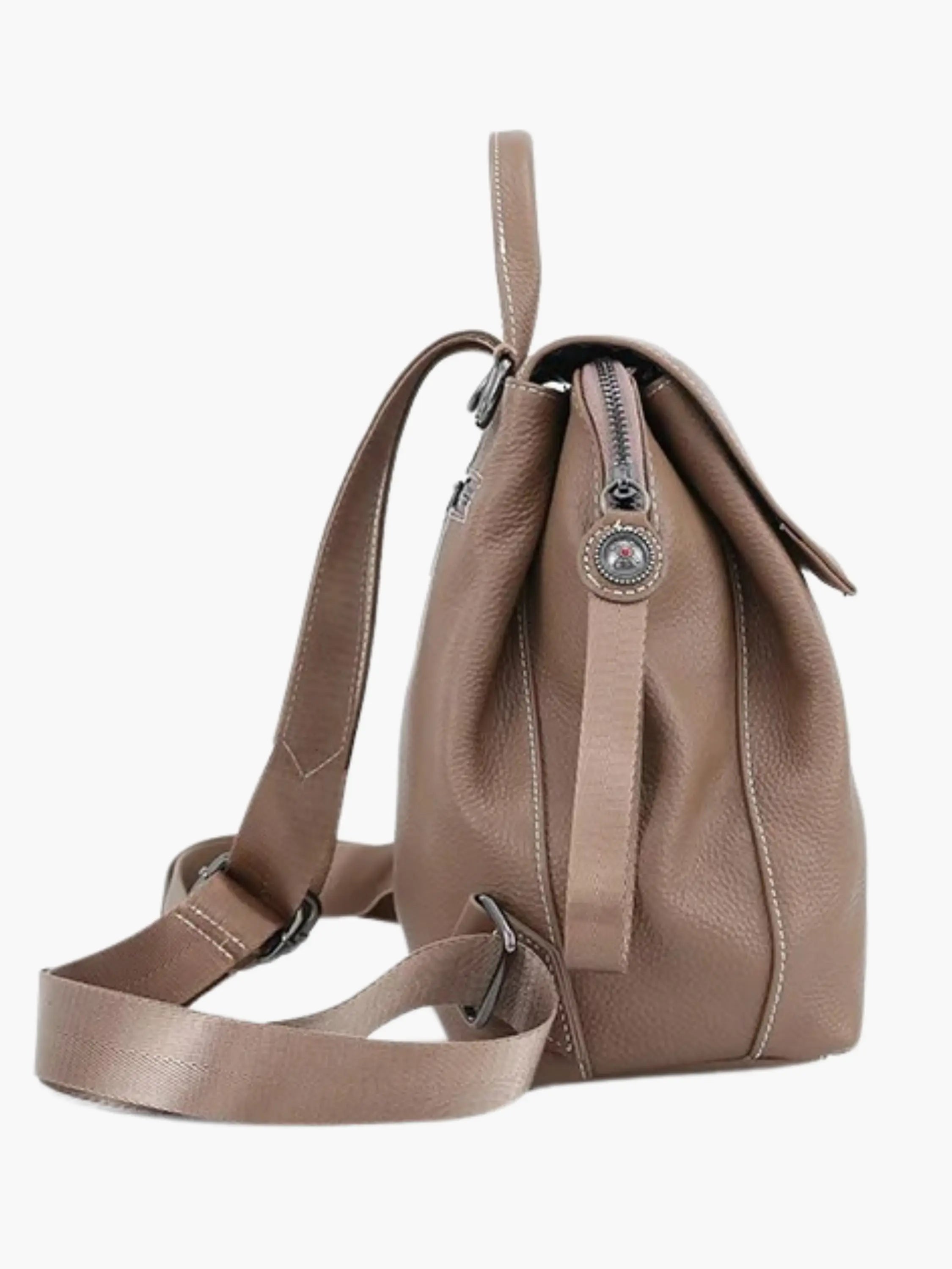 Taupe Faux Leather Backpack with Striped Straps