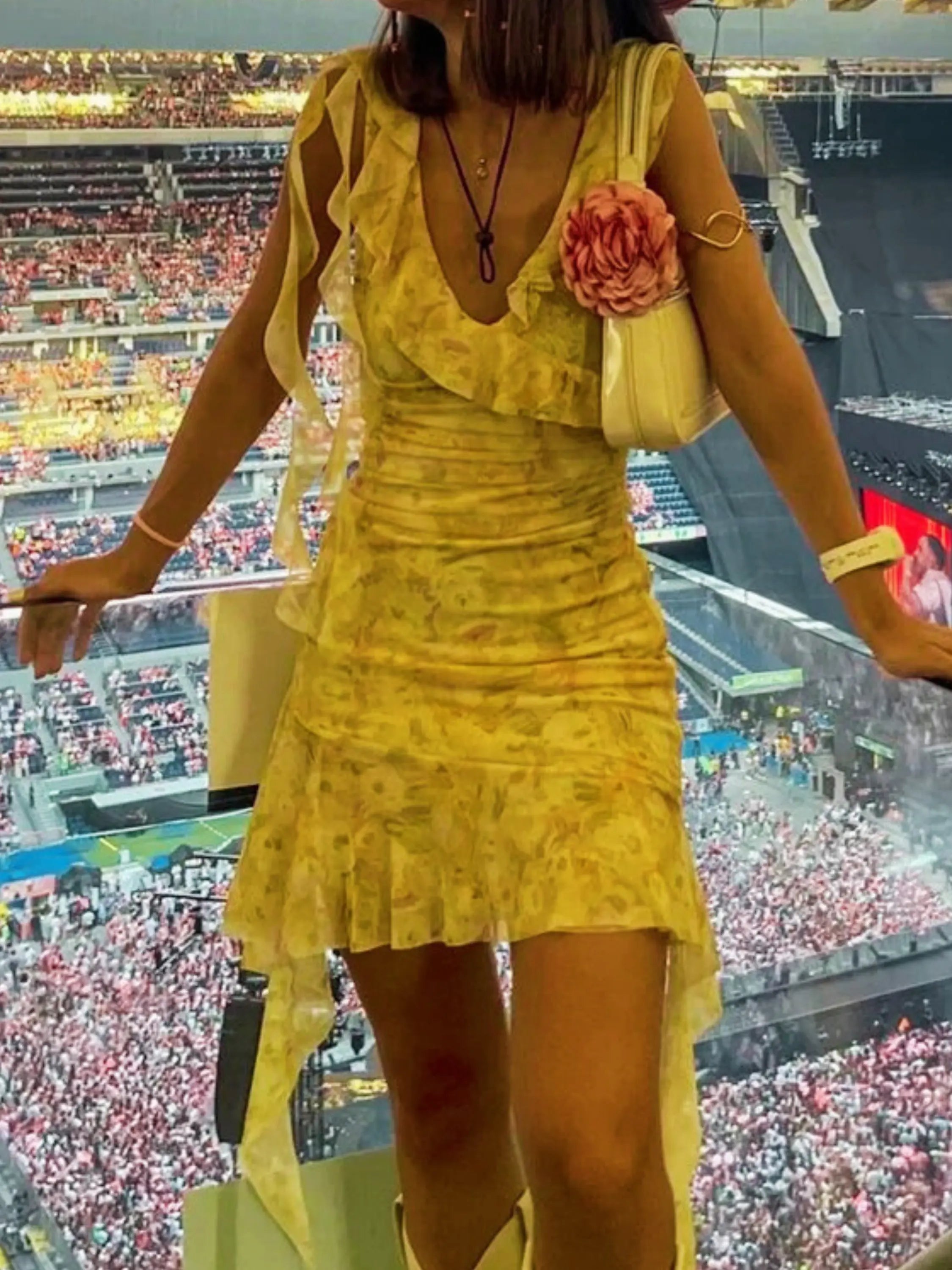 Yellow Floral Wrap Mini Dress with Ruffle Details