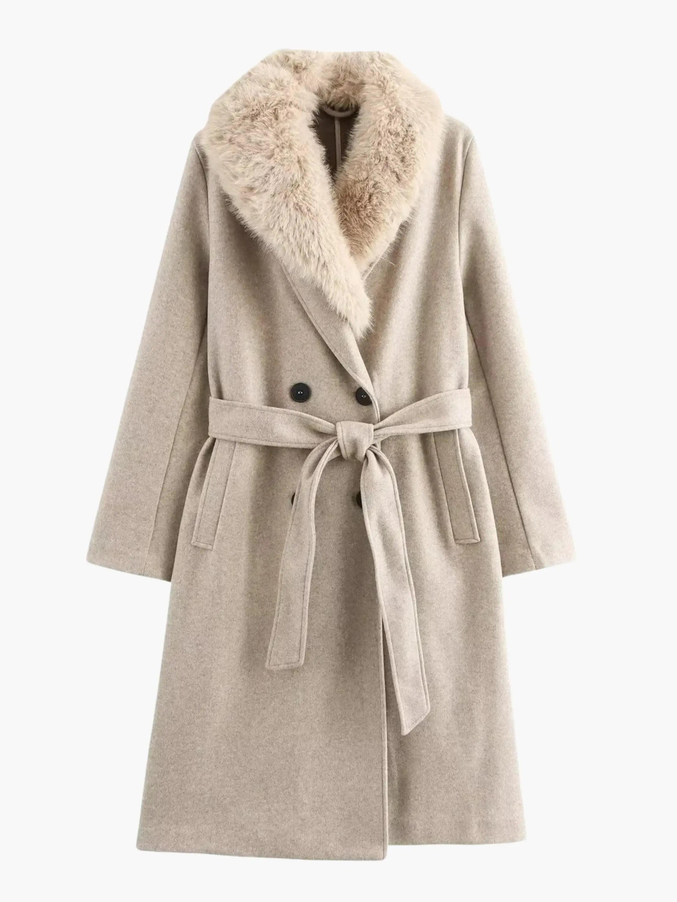 Belted Faux Fur Collar Coat - Luxurious Warmth and Elegance