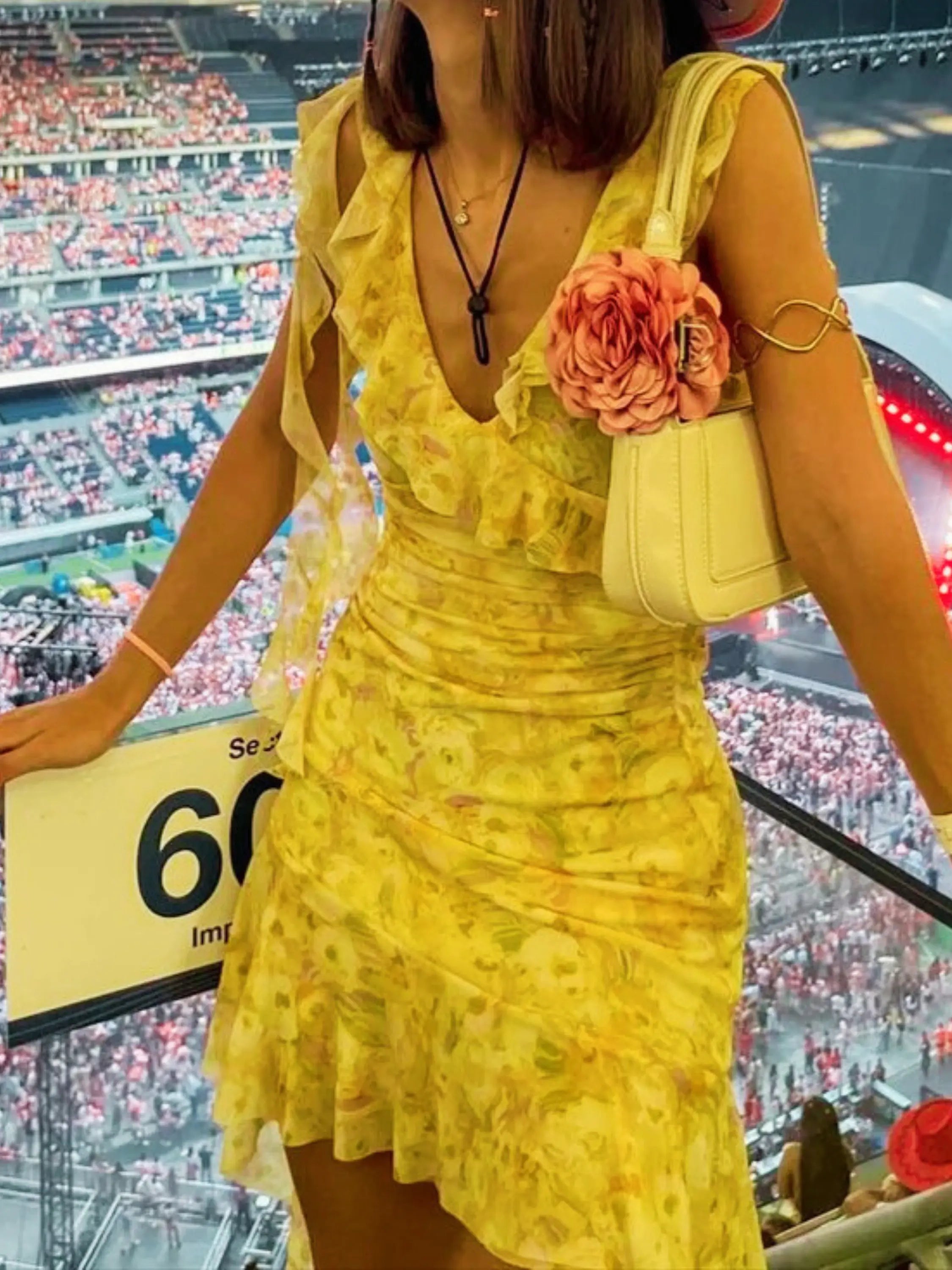 Yellow Floral Wrap Mini Dress with Ruffle Details