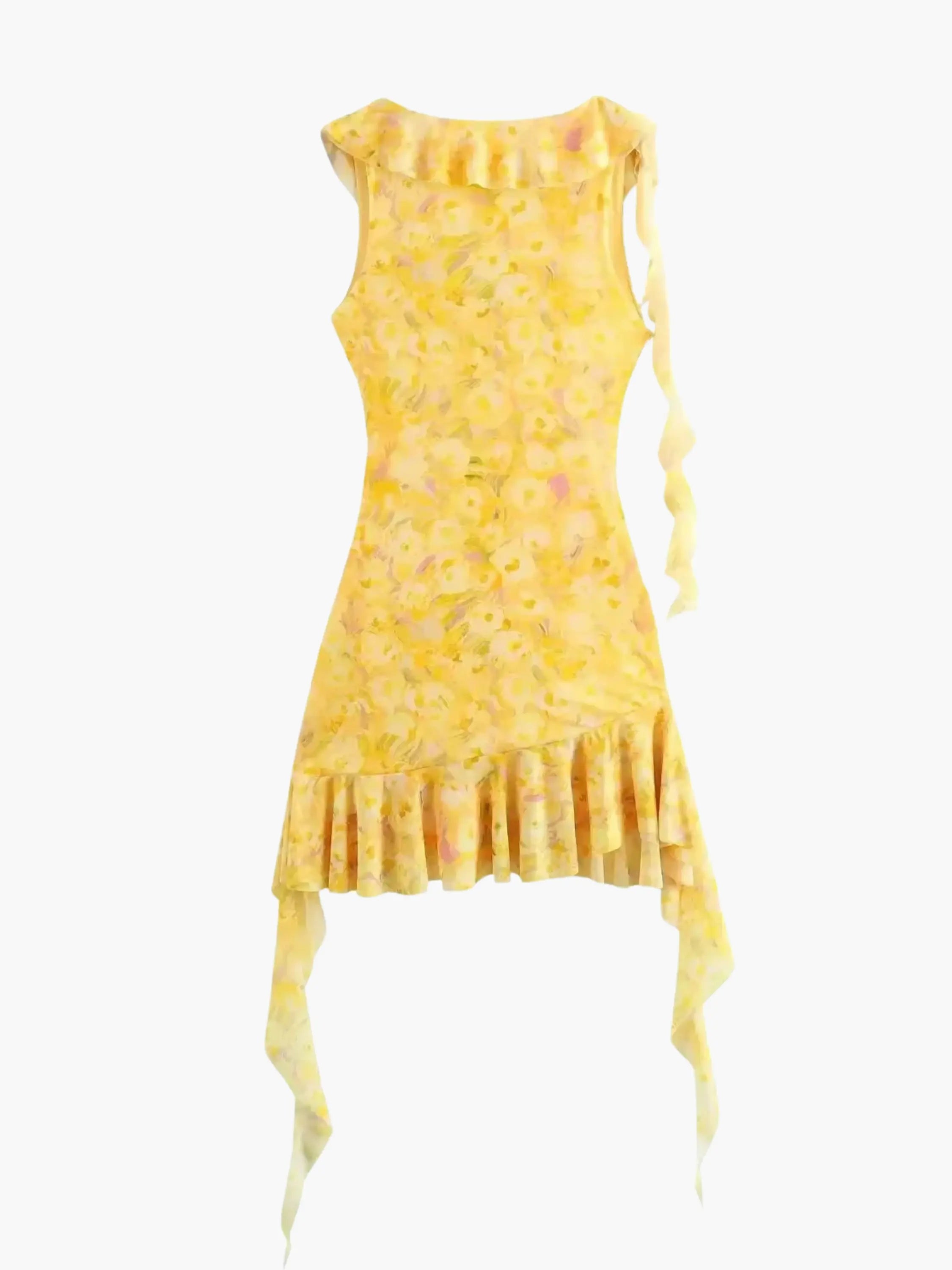 Yellow Floral Wrap Mini Dress with Ruffle Details