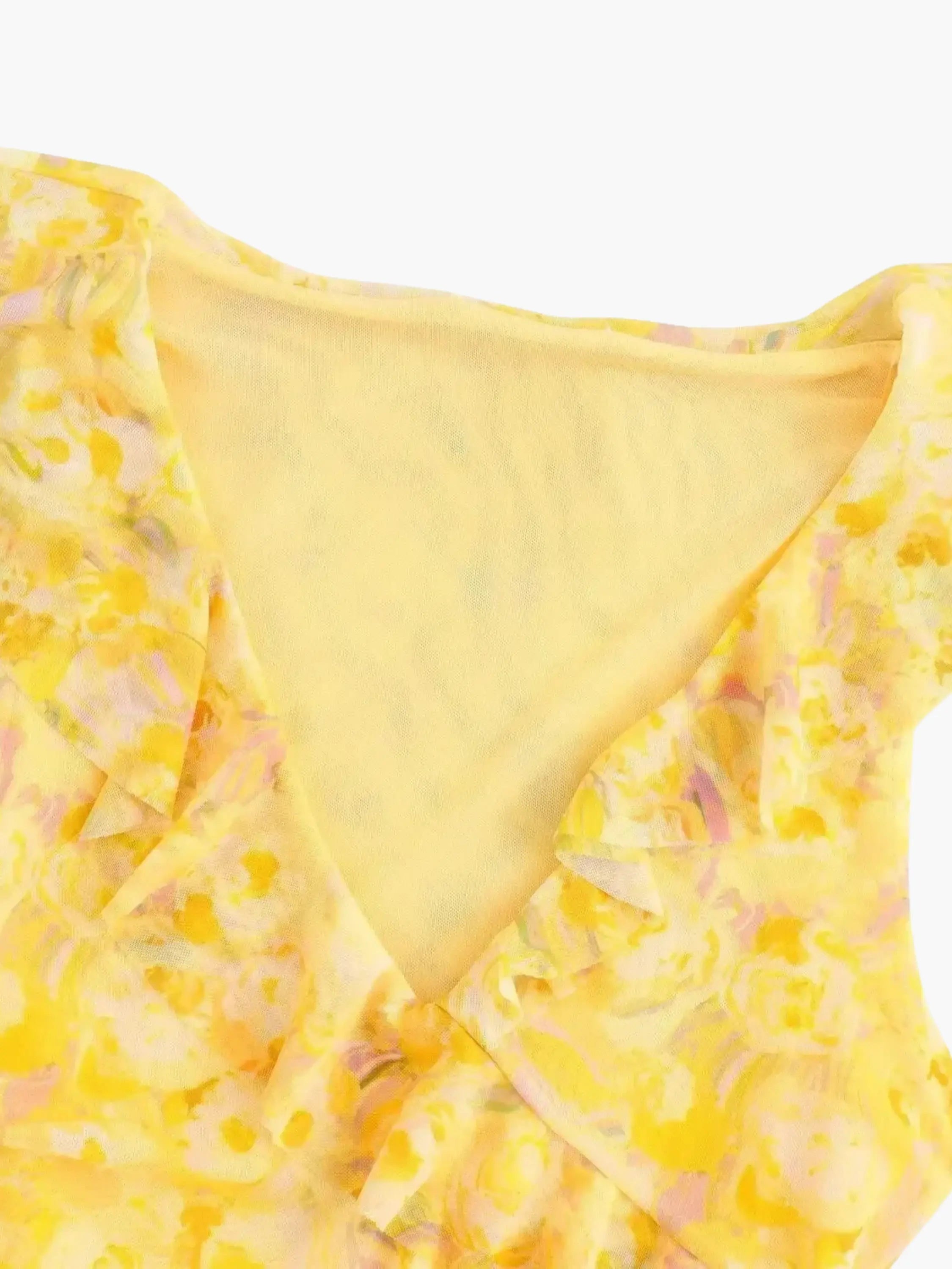 Yellow Floral Wrap Mini Dress with Ruffle Details