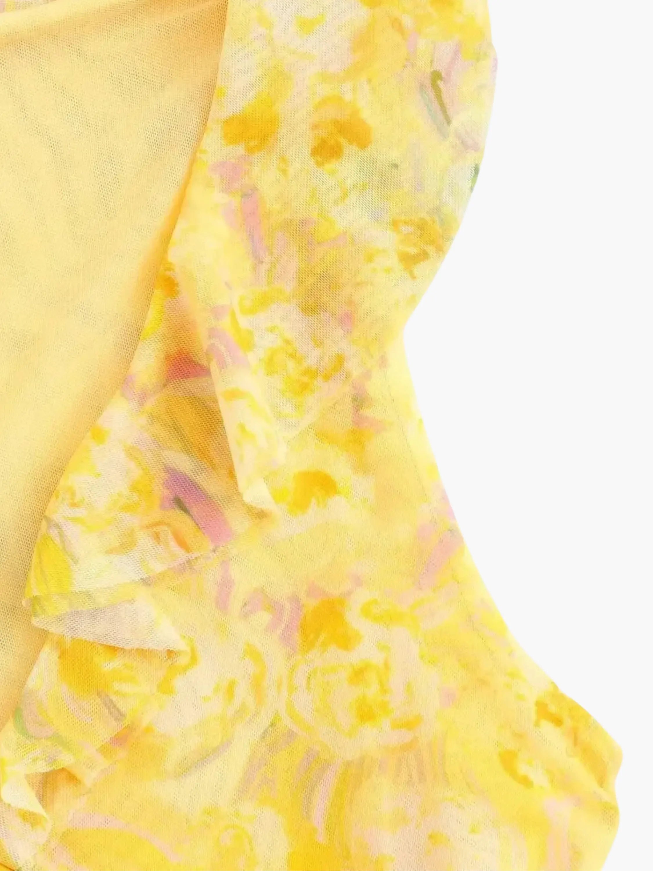 Yellow Floral Wrap Mini Dress with Ruffle Details