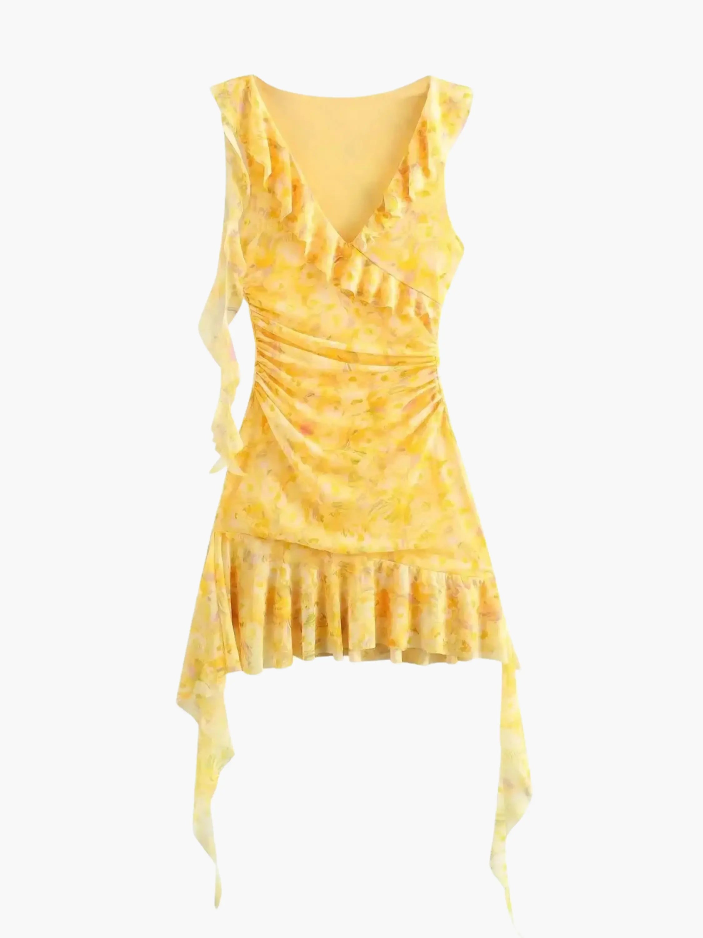 Yellow Floral Wrap Mini Dress with Ruffle Details