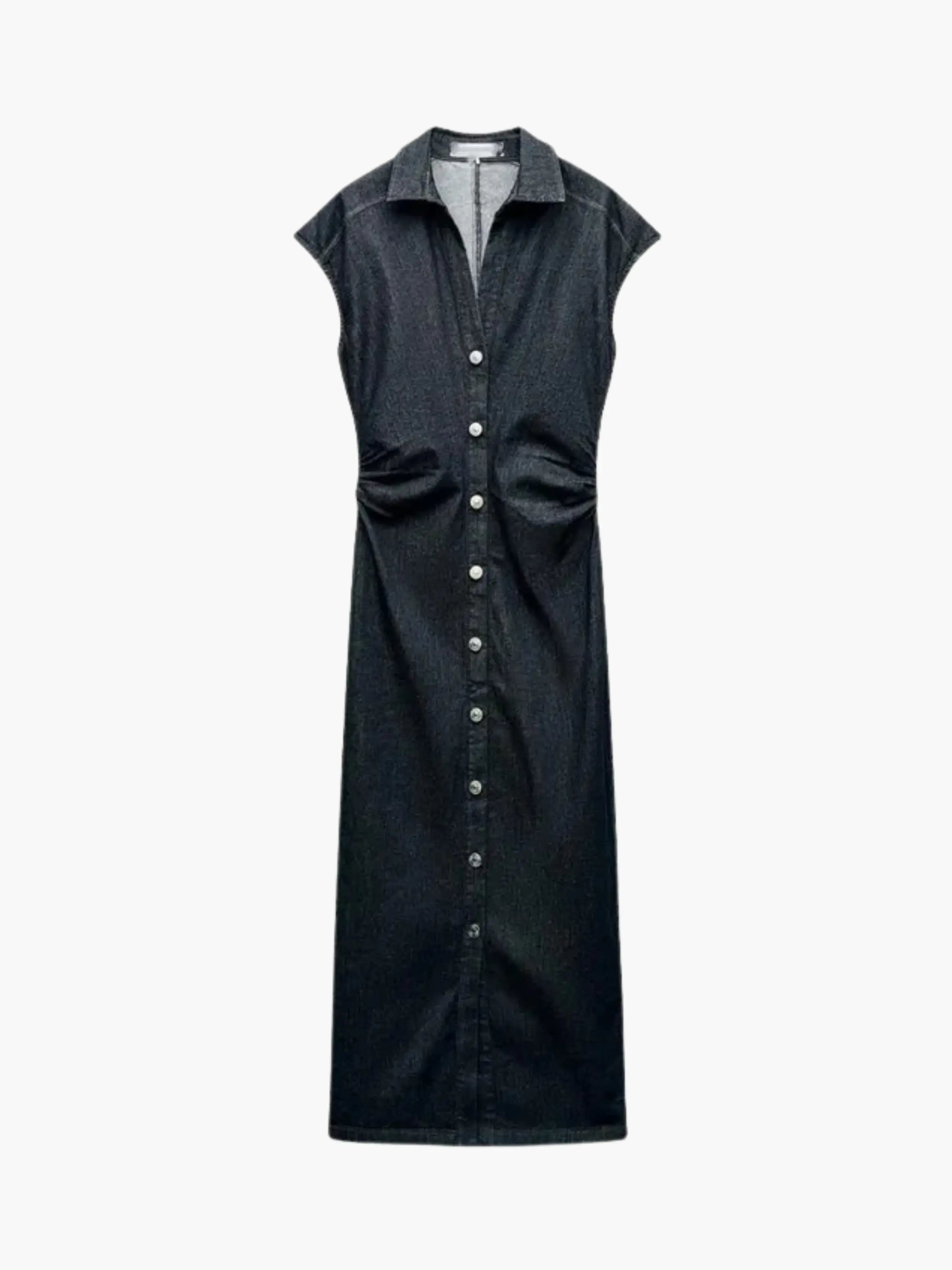 Black Denim Button-Down Maxi Dress with Cinched Waist