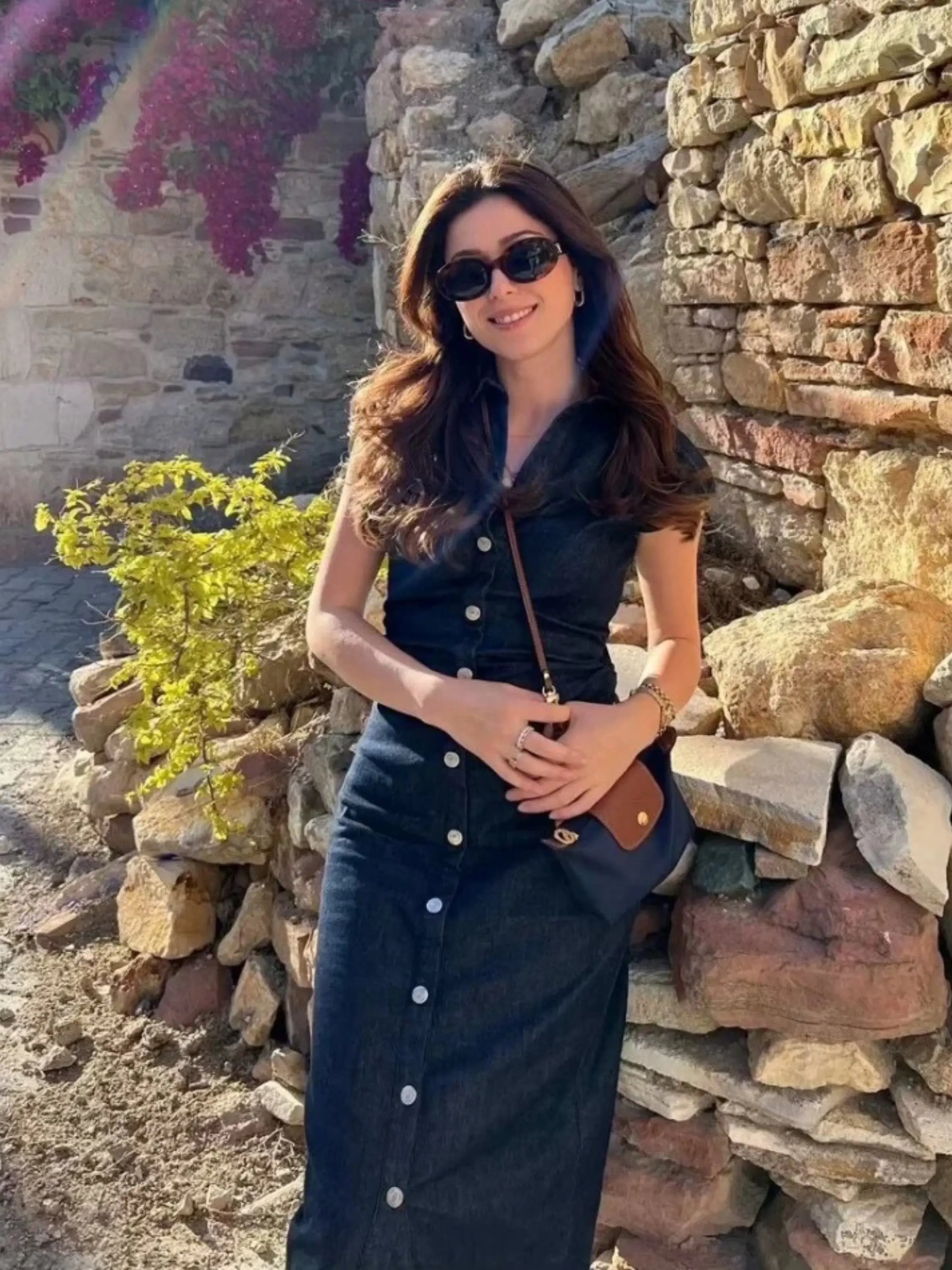 Black Denim Button-Down Maxi Dress with Cinched Waist