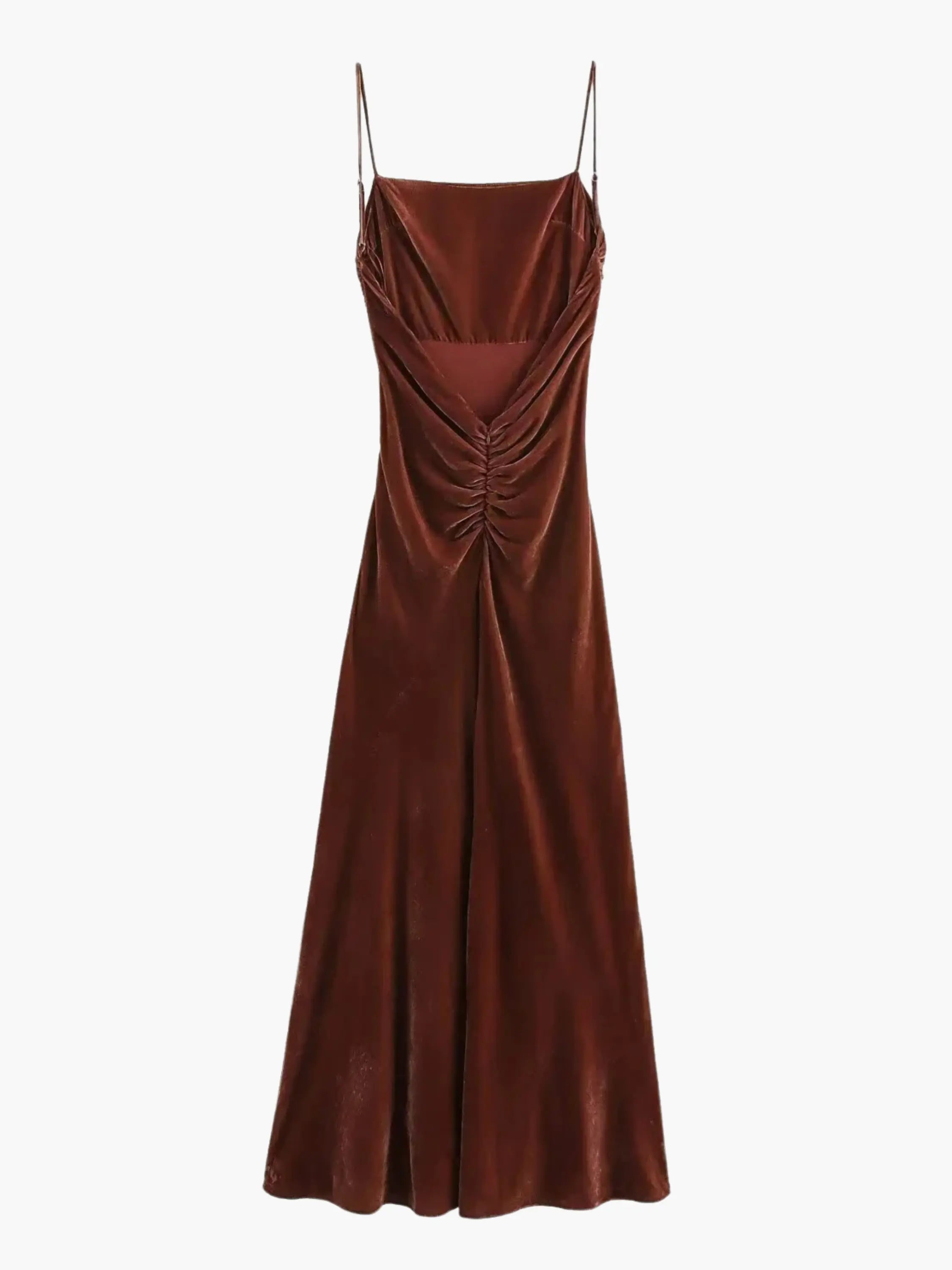 Luxurious Brown Satin Draped Cowl Neck Maxi Dress