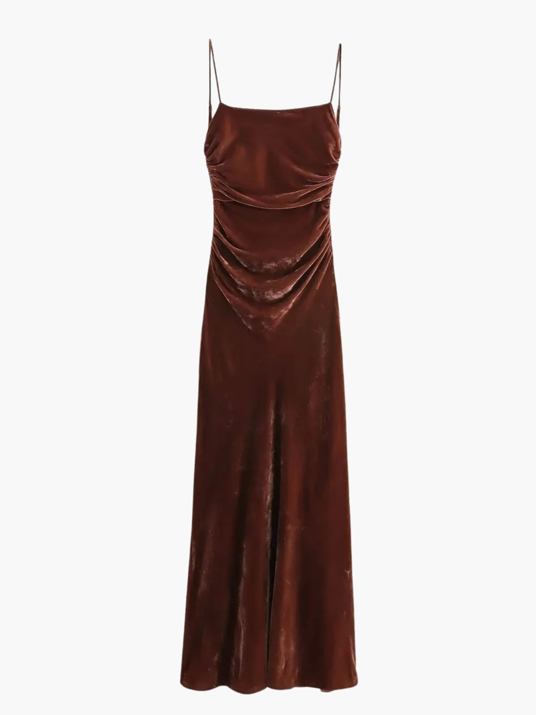 Luxurious Brown Satin Draped Cowl Neck Maxi Dress