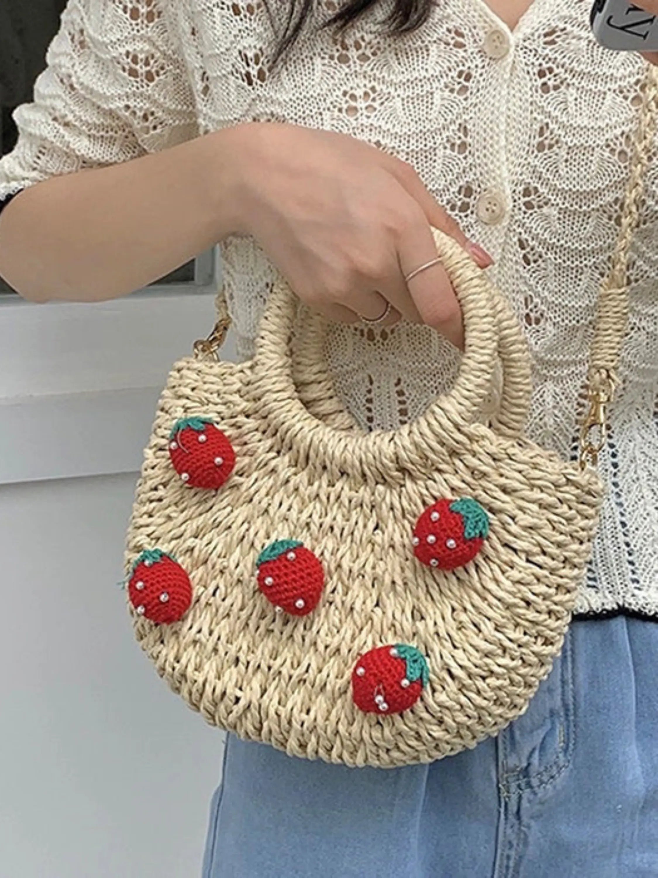 Handmade Straw Tote Bag with Crochet Strawberry Design