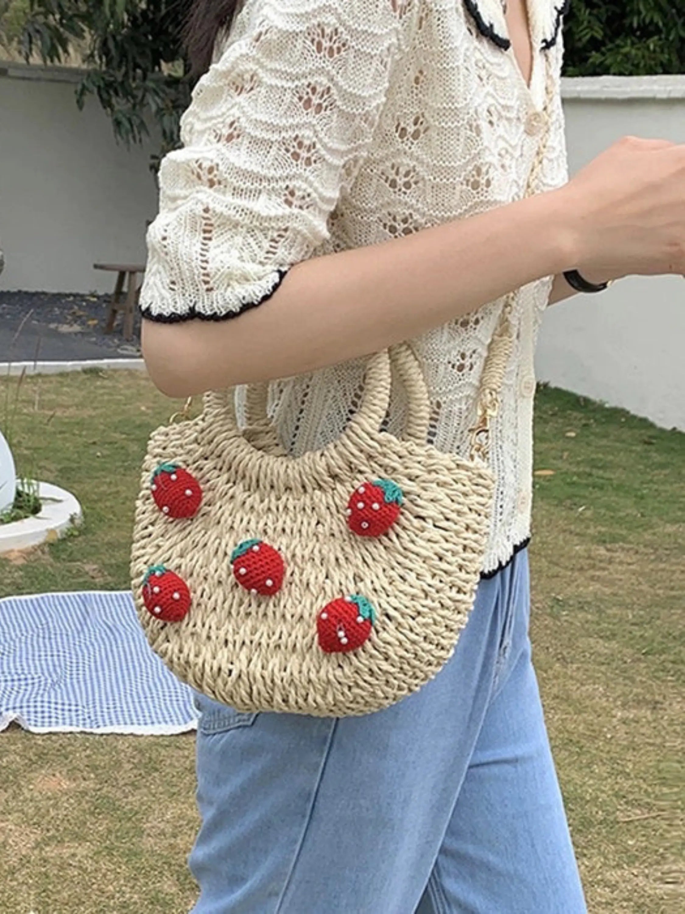 Handmade Straw Tote Bag with Crochet Strawberry Design