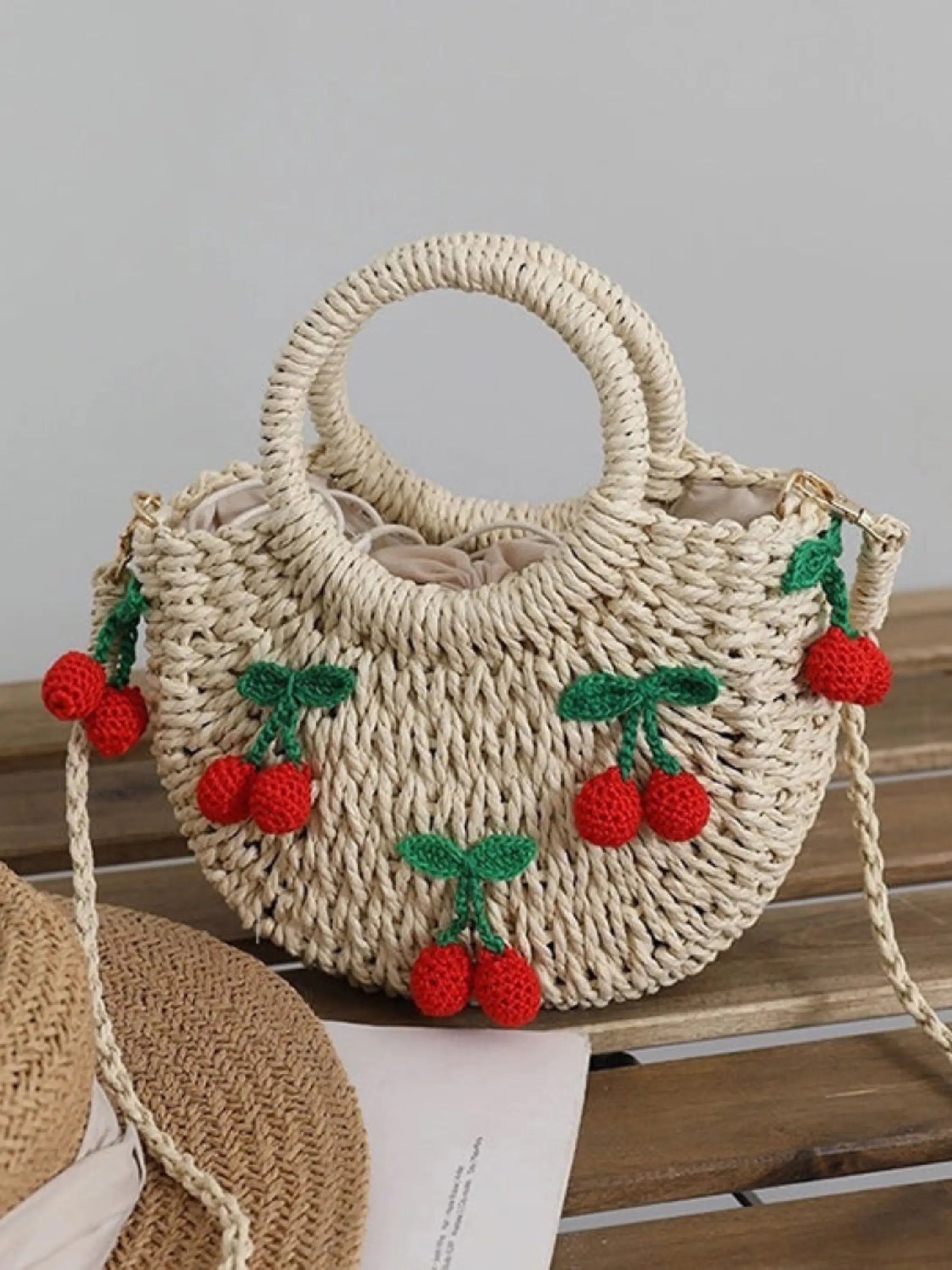 Handmade Straw Tote Bag with Crochet Strawberry Design